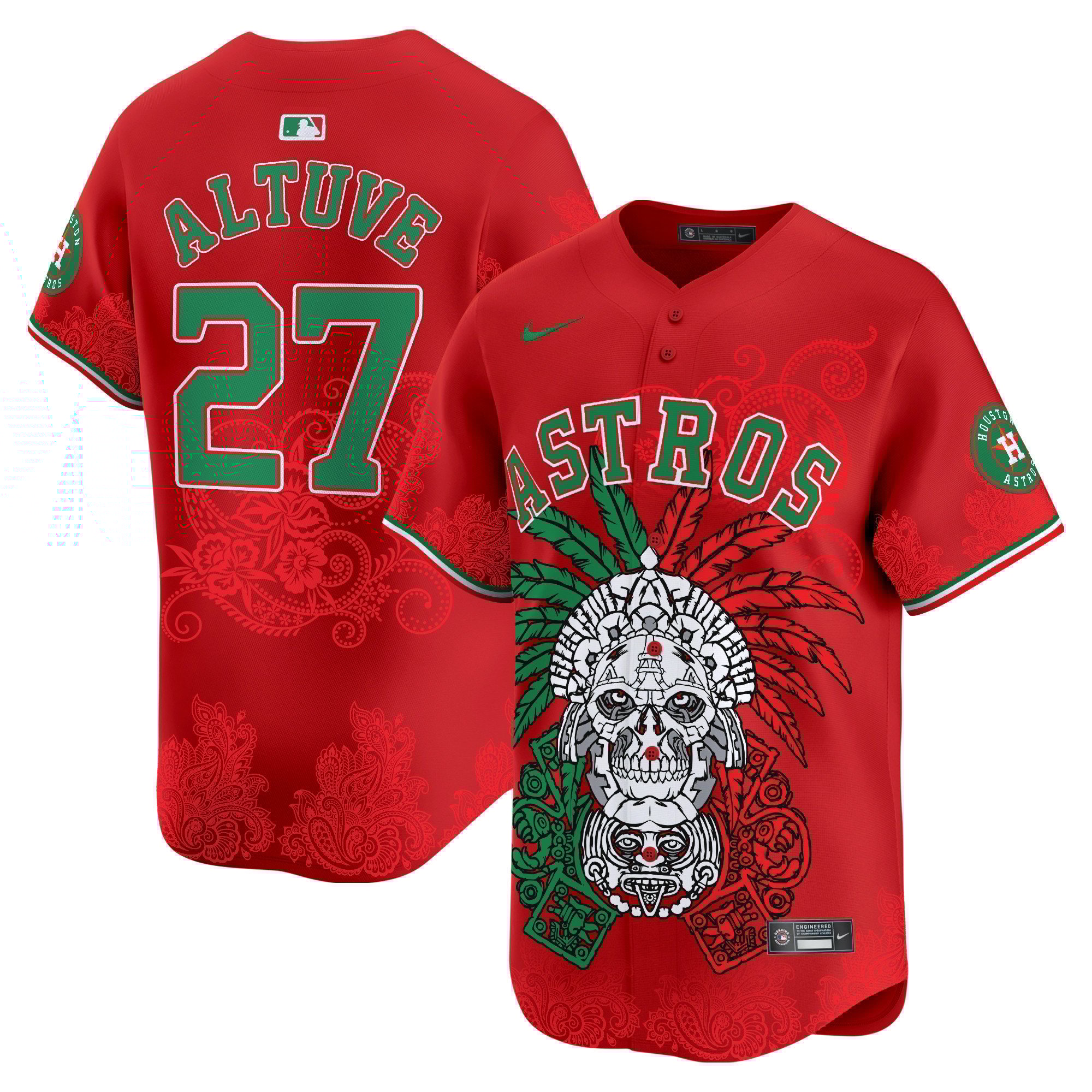 Men's JosÃˆ Altuve Houston Astros Aztec Warrior Skull Vapor Premier Limited Red Jersey V2 - Printed