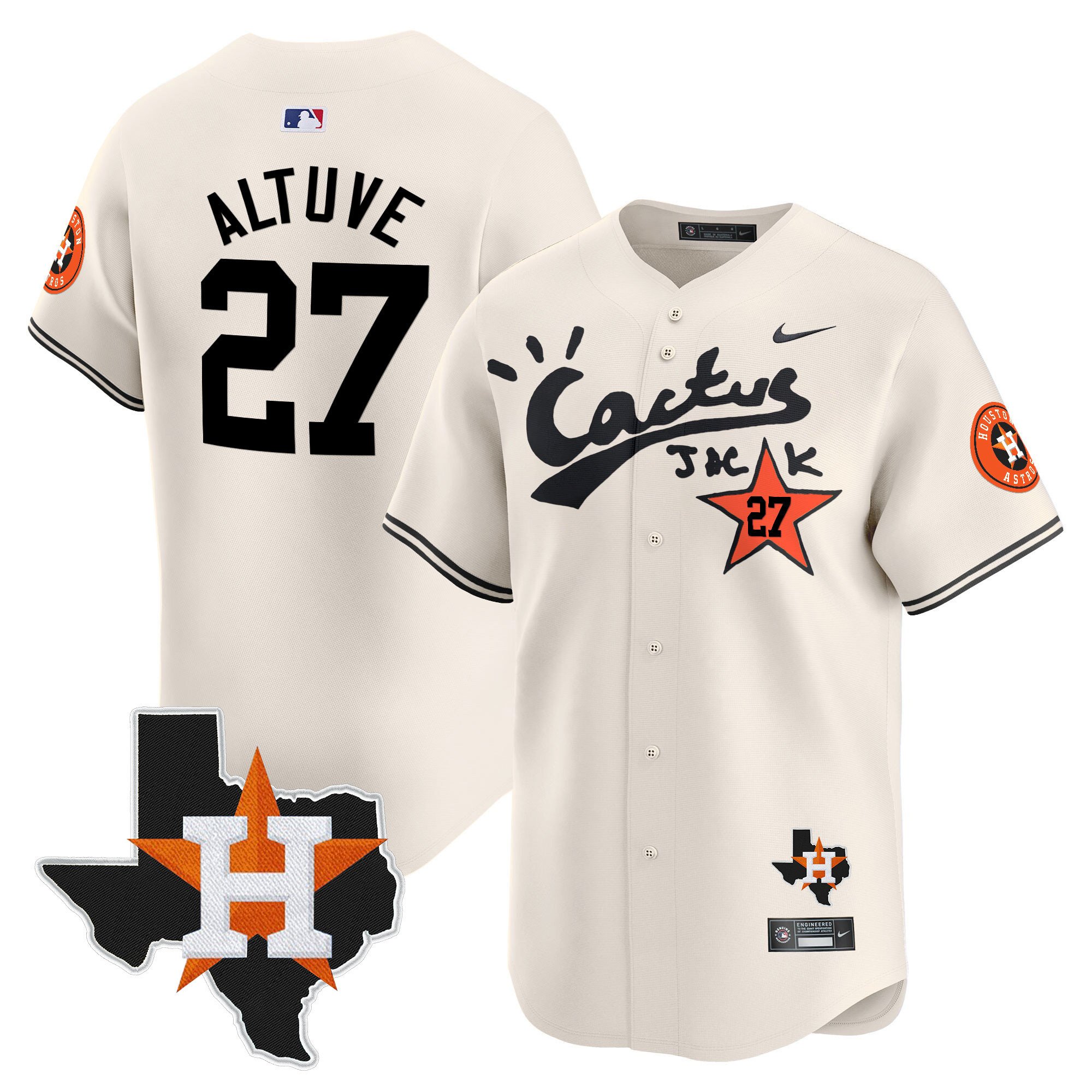 Men's JosÃˆ Altuve Houston Astros Cactus Jack Patch Vapor Premier Limited Cream Jersey V11 - Stitched