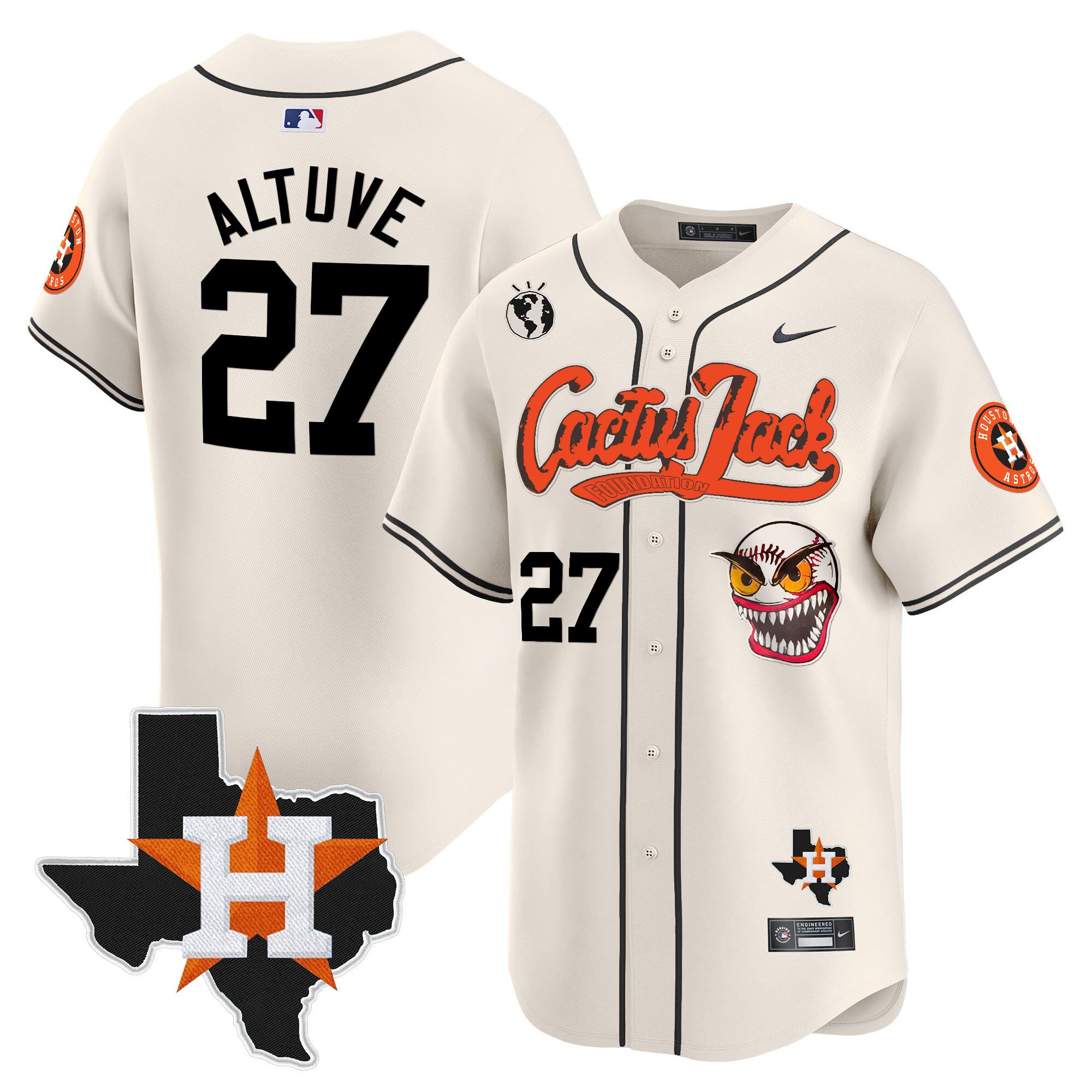 Men's JosÃˆ Altuve Houston Astros Cactus Jack Patch Vapor Premier Limited Cream Jersey V12 - Stitched