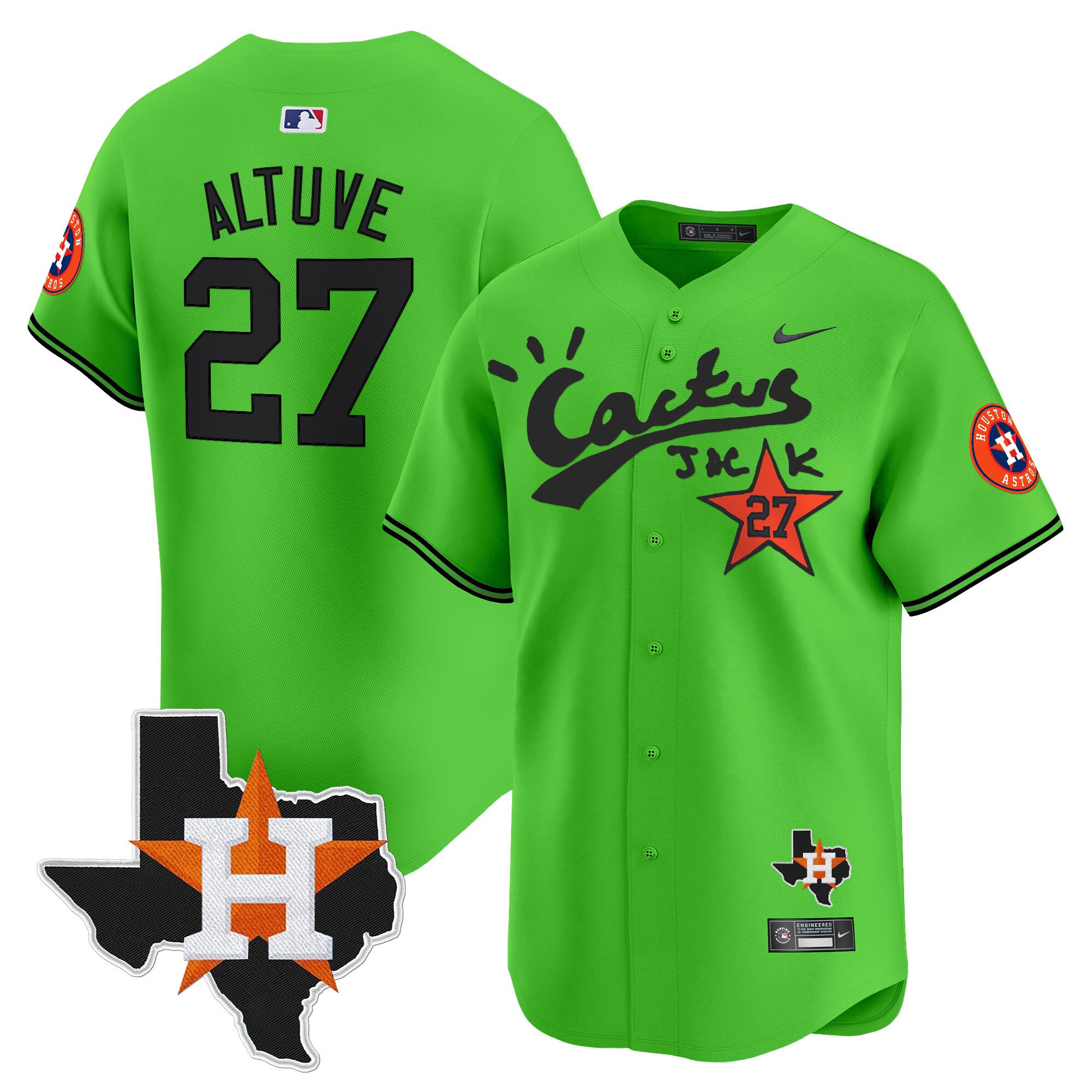 Men's JosÃˆ Altuve Houston Astros Cactus Jack Patch Vapor Premier Limited Green Jersey V11 - Stitched