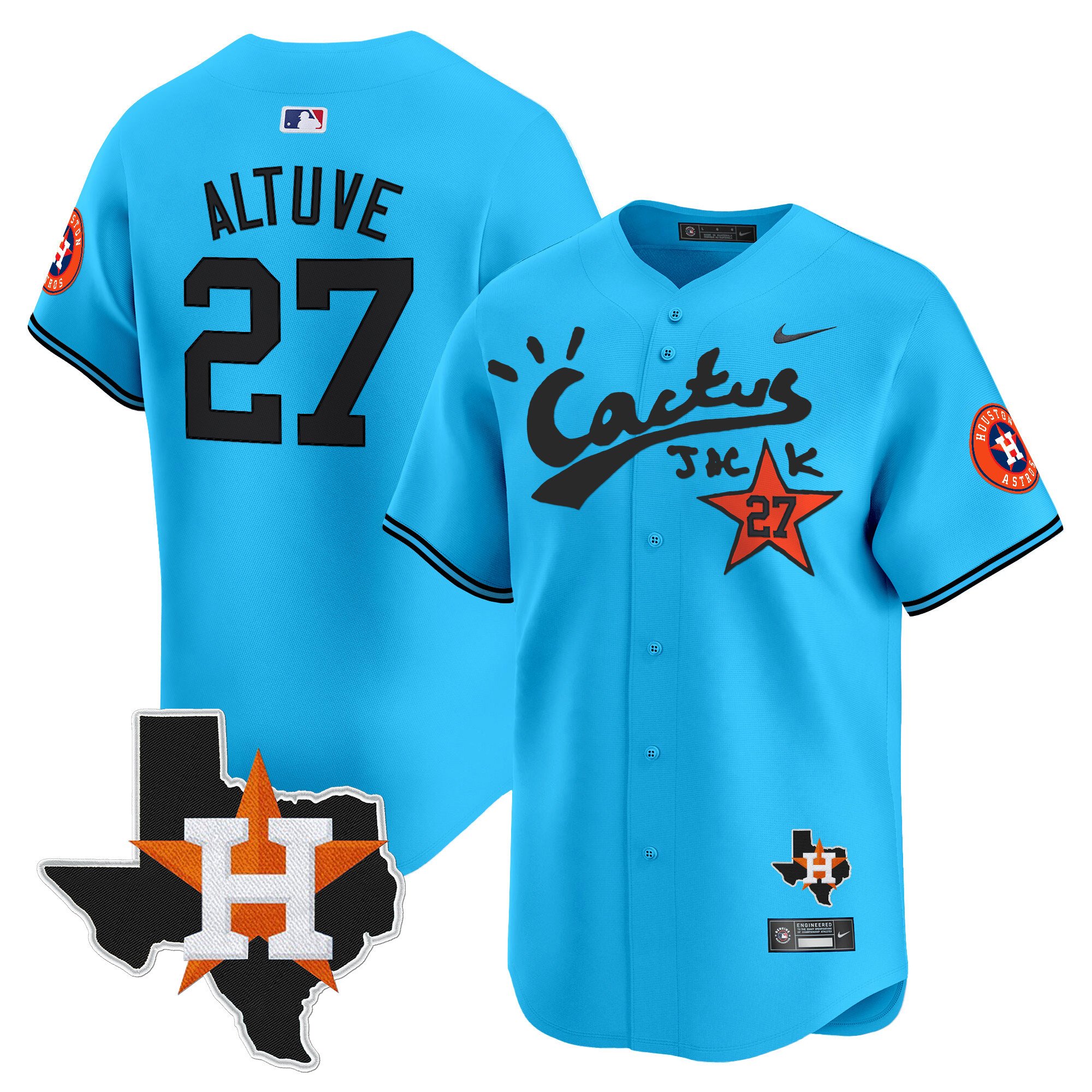 Men's JosÃˆ Altuve Houston Astros Cactus Jack Patch Vapor Premier Limited Light Blue Jersey V11 - Stitched