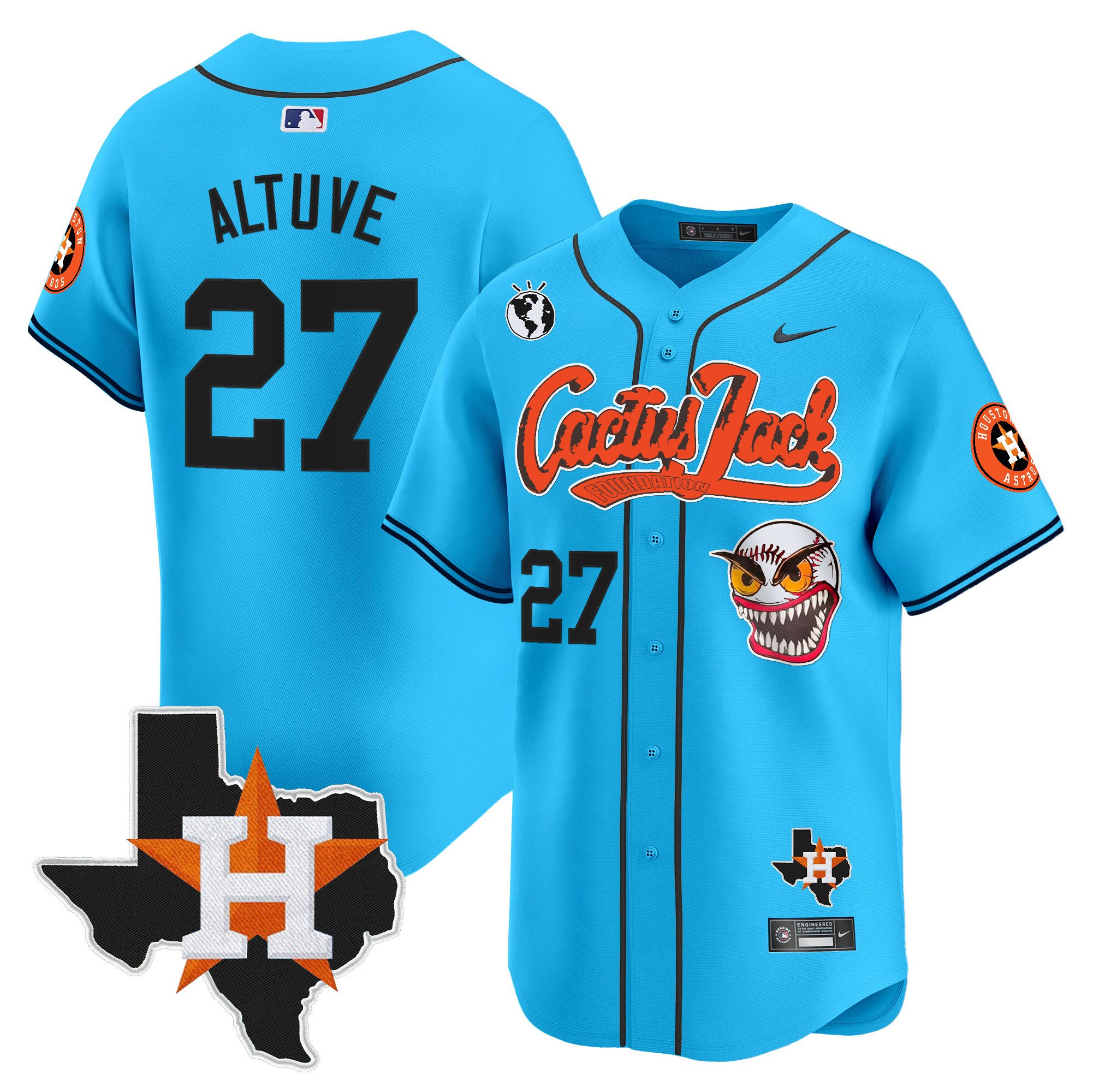 Men's JosÃˆ Altuve Houston Astros Cactus Jack Patch Vapor Premier Limited Light Blue Jersey V12 - Stitched