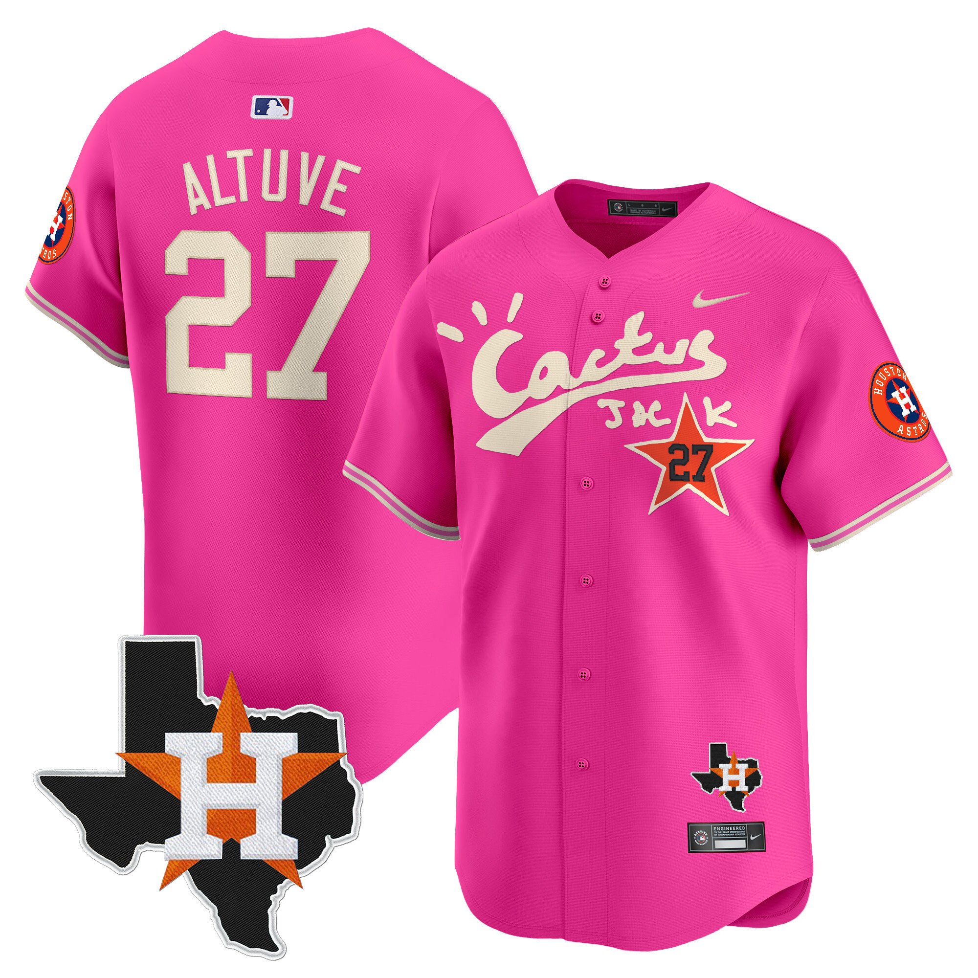 Men's JosÃˆ Altuve Houston Astros Cactus Jack Patch Vapor Premier Limited Pink Jersey V11 - Stitched