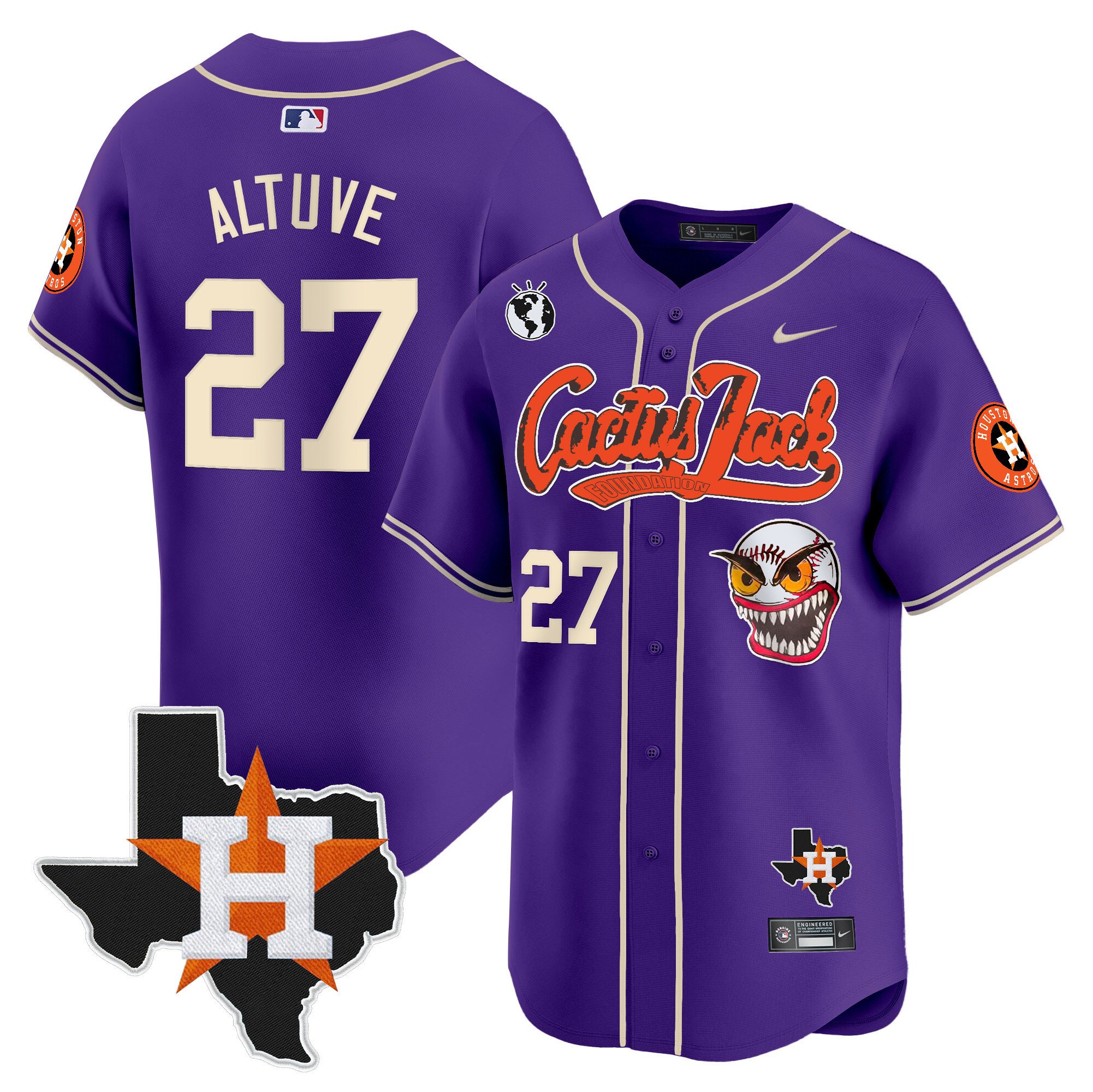 Men's JosÃˆ Altuve Houston Astros Cactus Jack Patch Vapor Premier Limited Purple Jersey V12 - Stitched