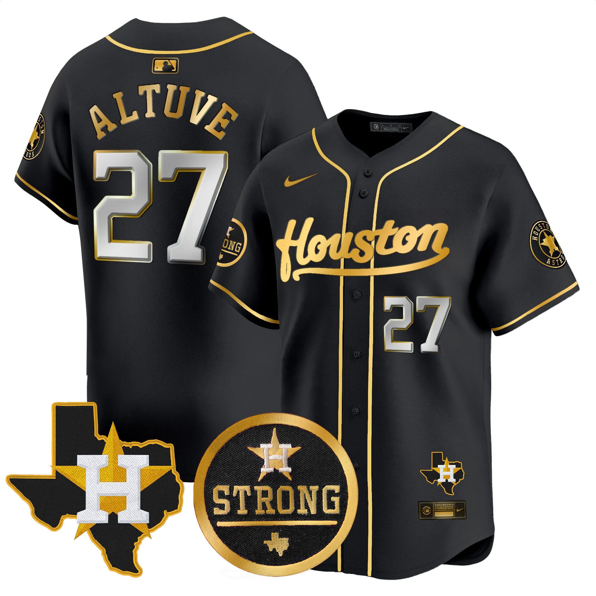 Men's JosÃˆ Altuve Houston Astros "Houston Strong" Patch Vapor Premier Limited Black Gold Jersey - All Stitched