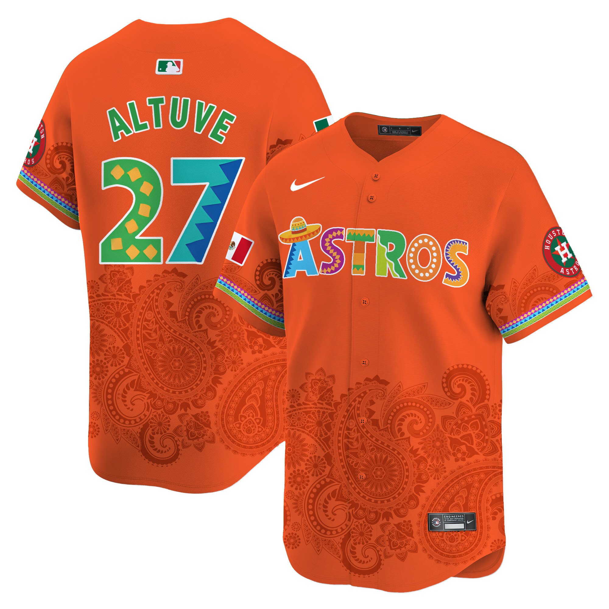 Men's JosÃˆ Altuve Houston Astros Paisley Mexico Vapor Premier Limited Orange Jersey V5- Printed