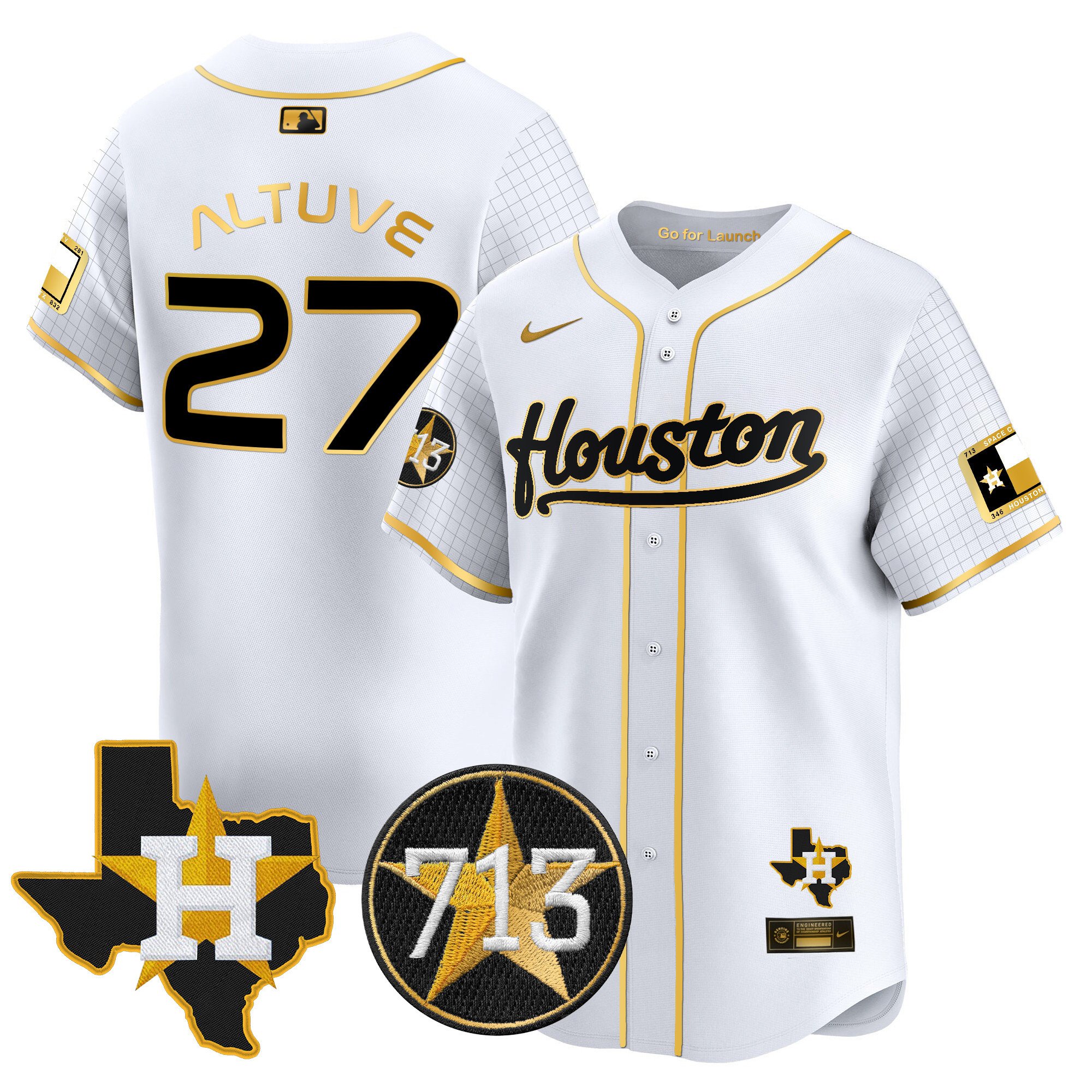 Men's JosÃˆ Altuve Houston Astros Space City 713 Patch Vapor Premier Limited White Gold Jersey - All Stitched