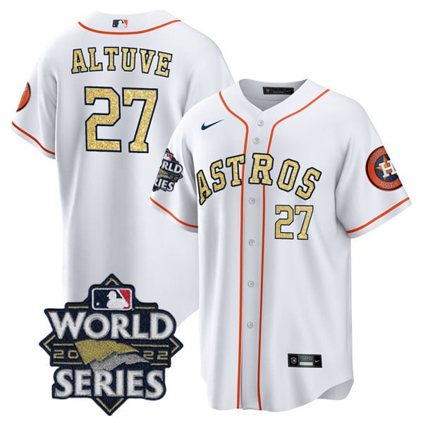Men's JosÃˆ Altuve Houston Astros White Gold 2022 World Series Cool Base Jersey Ã± All Stitched