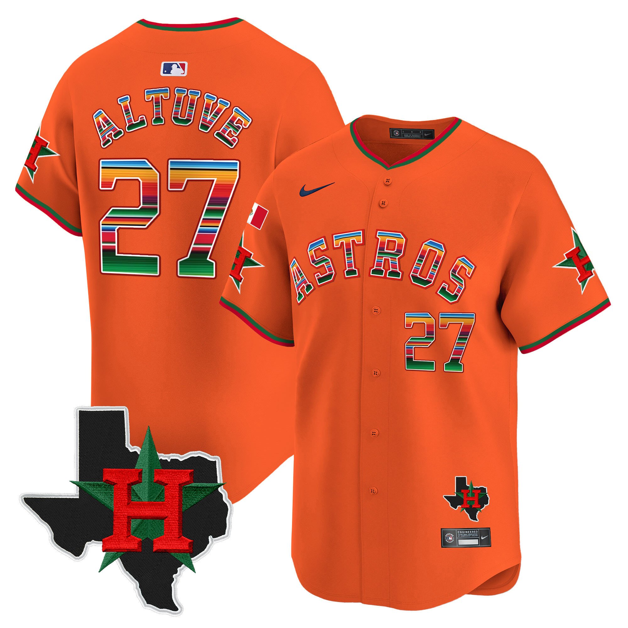 Men's JosÃˆ Altuve Mexico Texas Patch Vapor Premier Limited Orange Houston Astros Jersey V2 - All Stitched