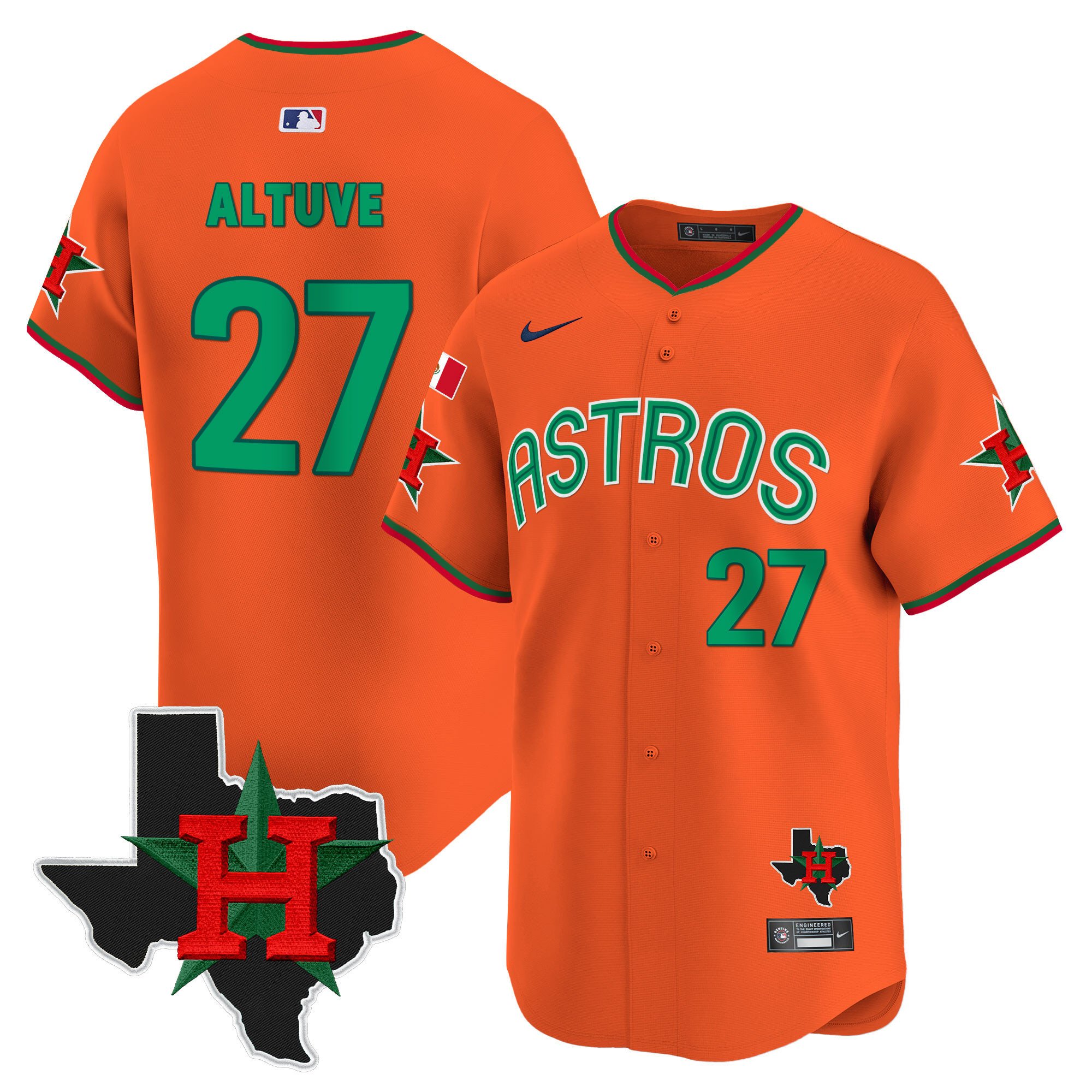 Men's JosÃˆ Altuve Mexico Texas Patch Vapor Premier Limited Orange Houston Astros Jersey V3 - All Stitched