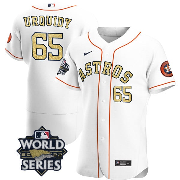 Men's JosÃˆ Urquidy Houston Astros White Gold 2022 World Series Flex Base Jersey Ã± All Stitched