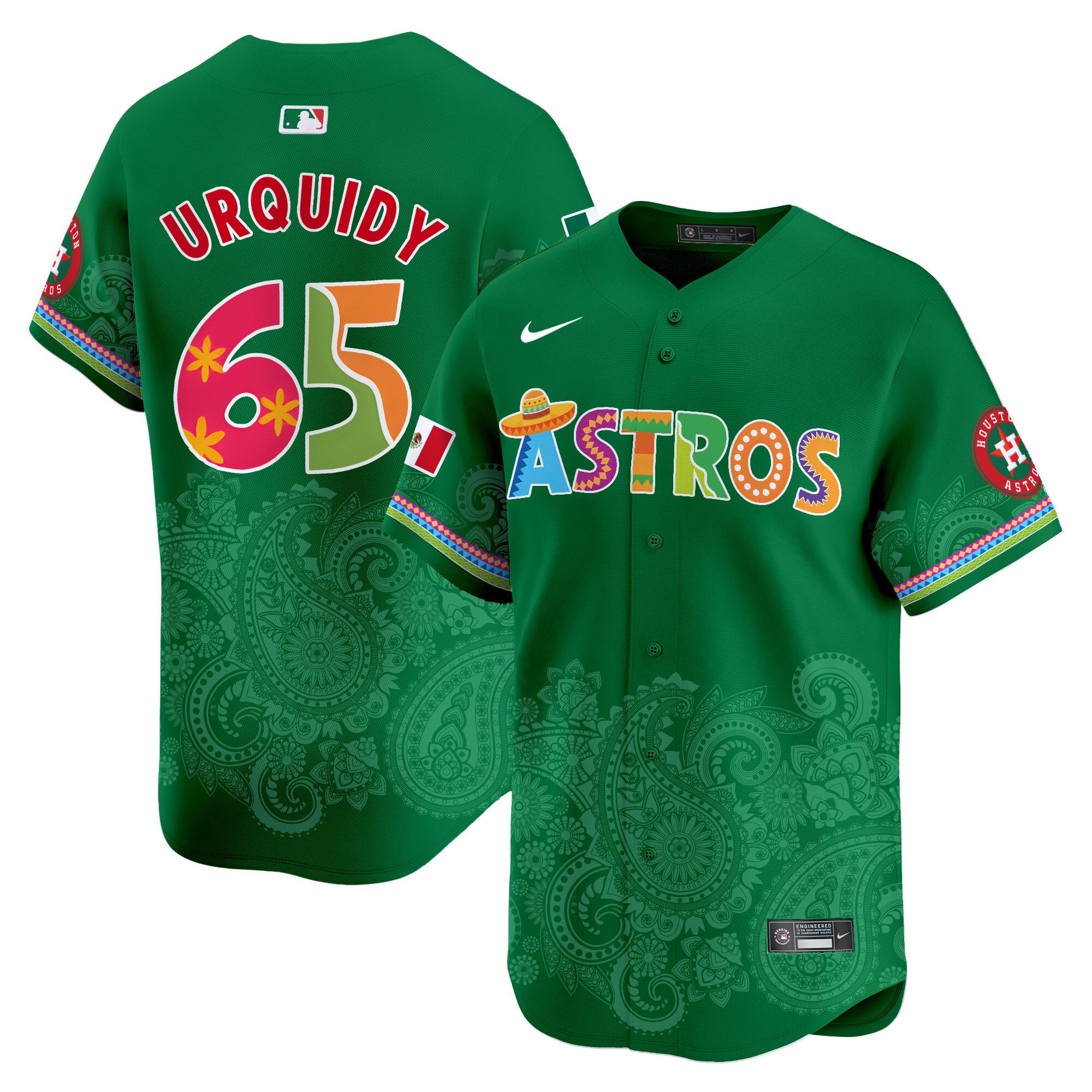 Men's Jose Urquidy Houston Astros Paisley Mexico Vapor Premier Limited Green Jersey V5- Printed