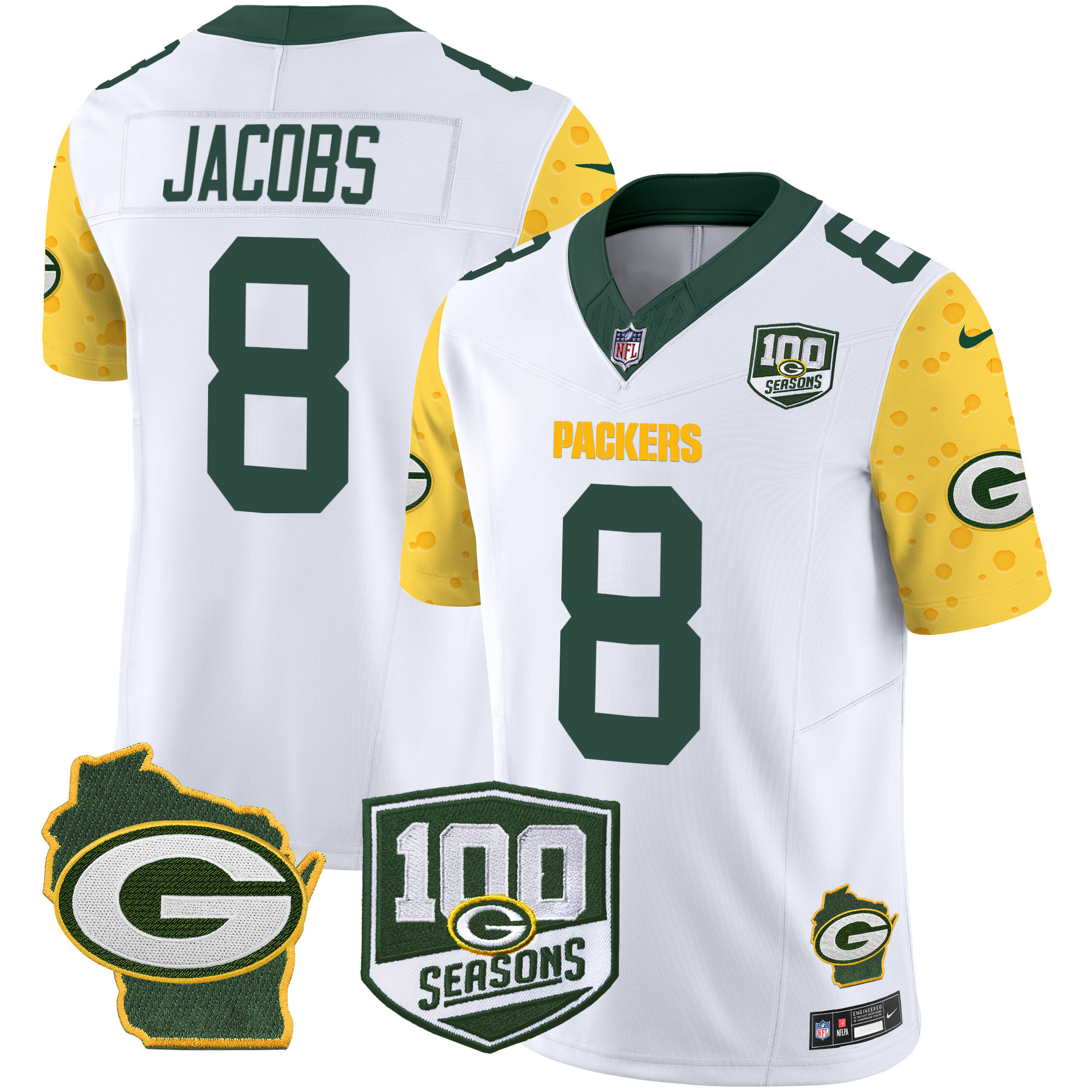Men's Josh Jacobs Green Bay Packers 100th Season & Home Patch Cheese Vapor Limited White Jersey â€“ All Stitched