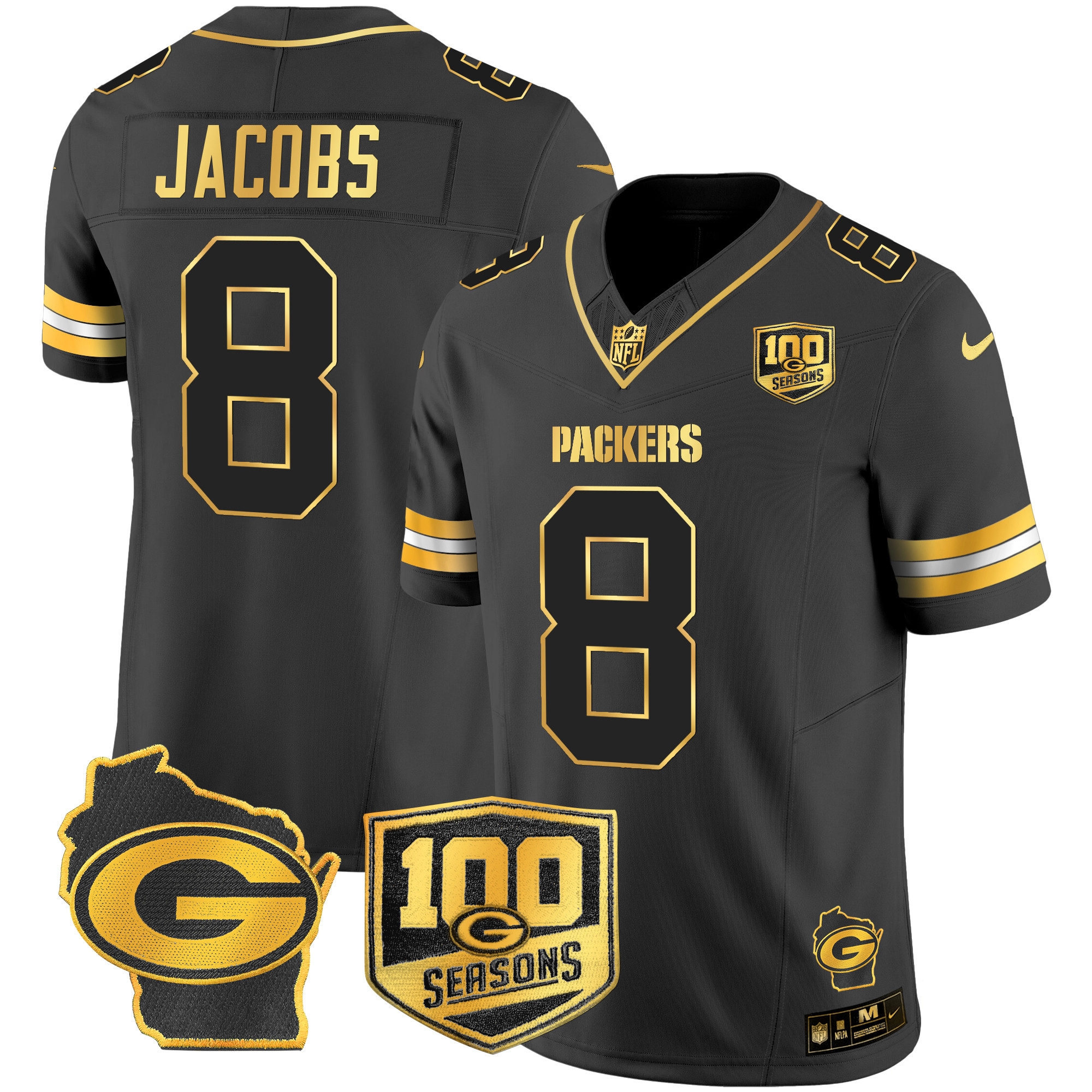 Men's Josh Jacobs Green Bay Packers 100th Season & Home Patch Gold Vapor Limited Black Gold Jersey â€“ All Stitched