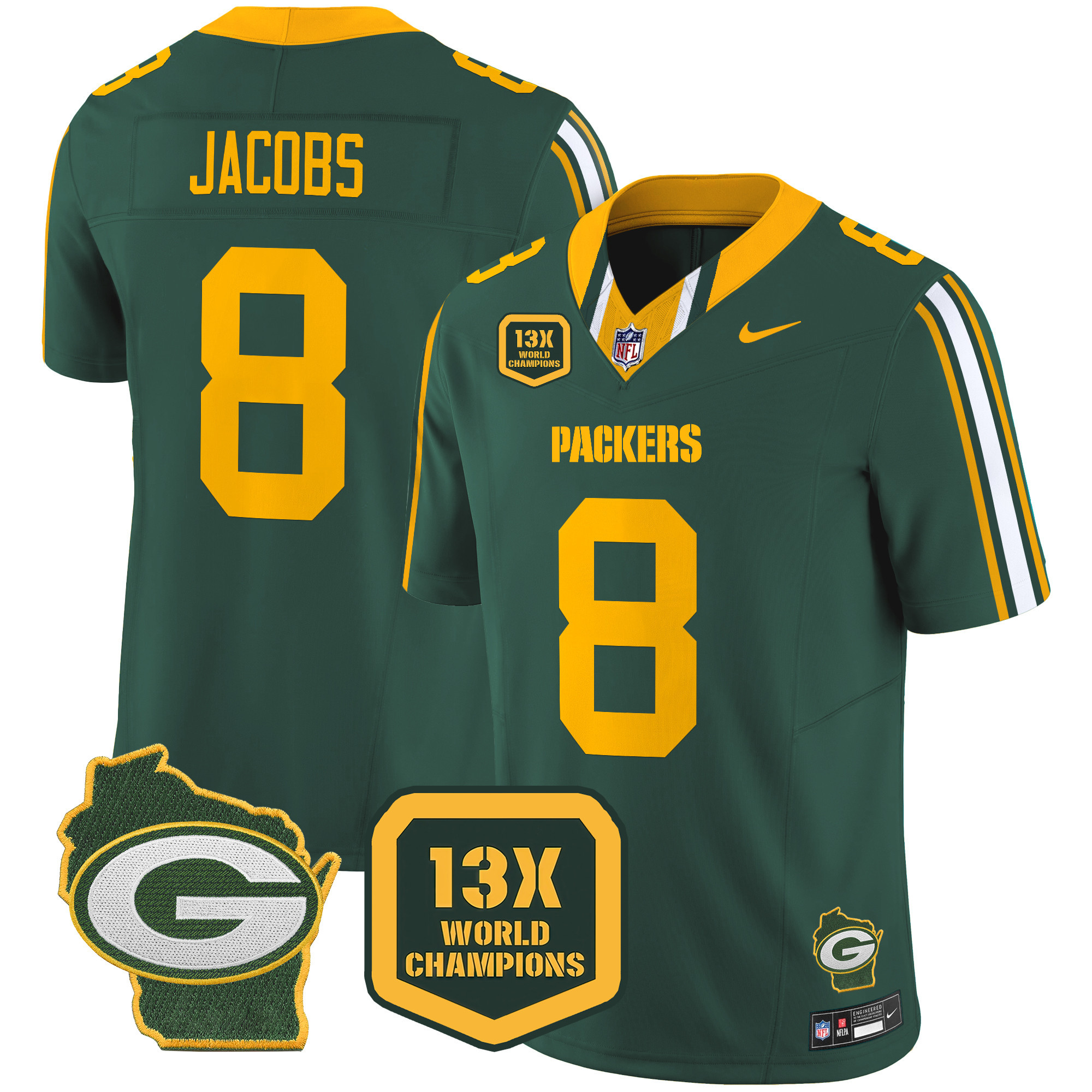 Men's Josh Jacobs Green Bay Packers 13 Time World Champions & Home Patch Vapor Limited Green Jersey â€“ All Stitched