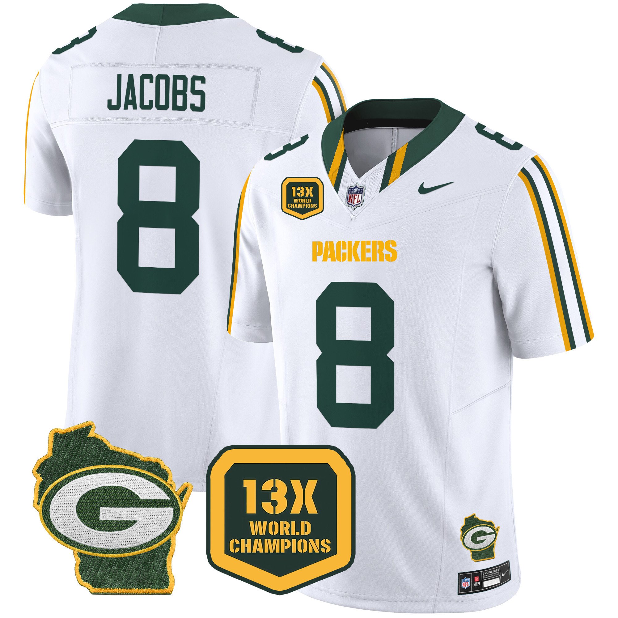 Men's Josh Jacobs Green Bay Packers 13 Time World Champions & Home Patch Vapor Limited White Jersey â€“ All Stitched