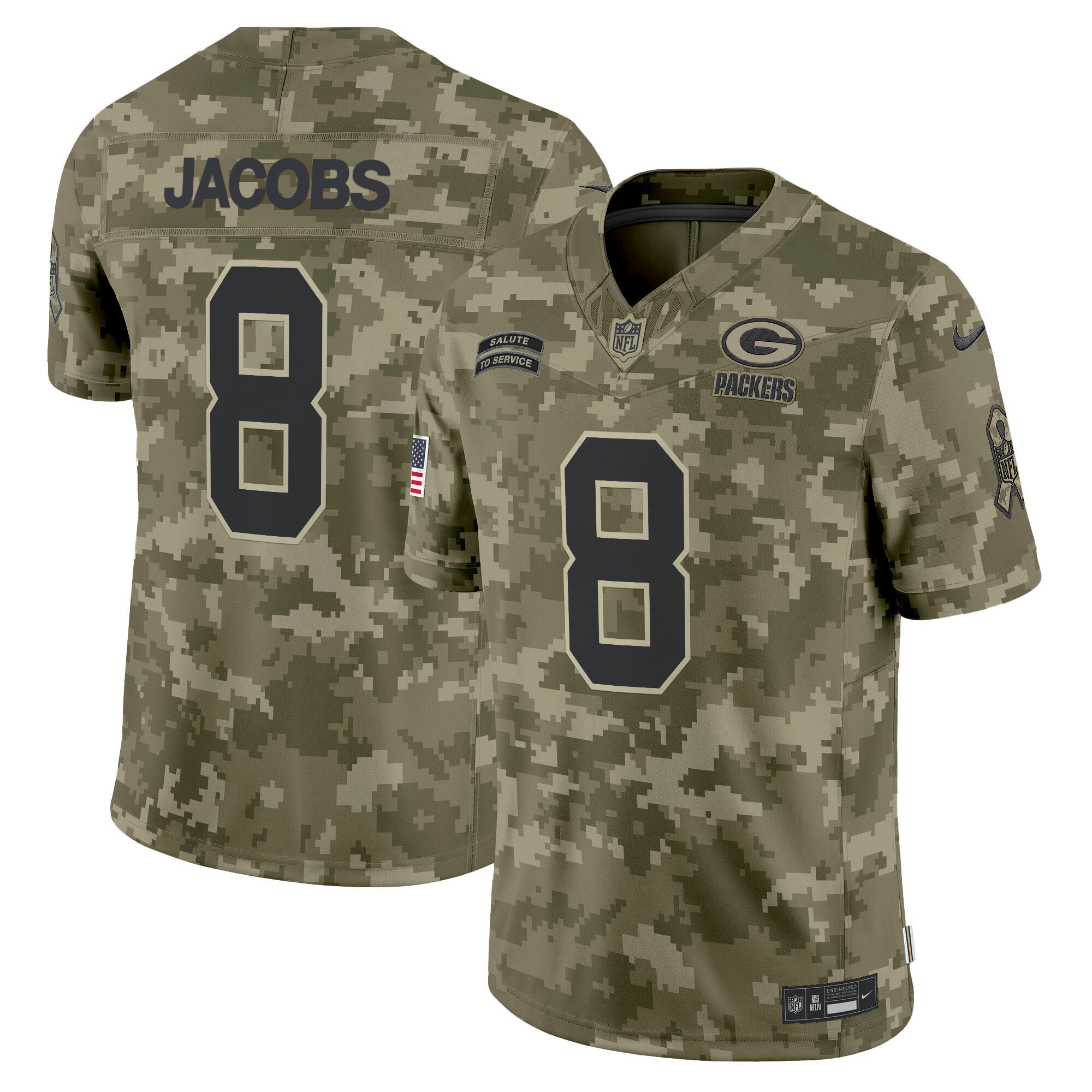 Men's Josh Jacobs Green Bay Packers 2024 Salute to Service Vapor Limited Olive Camo Jersey - All Stitched