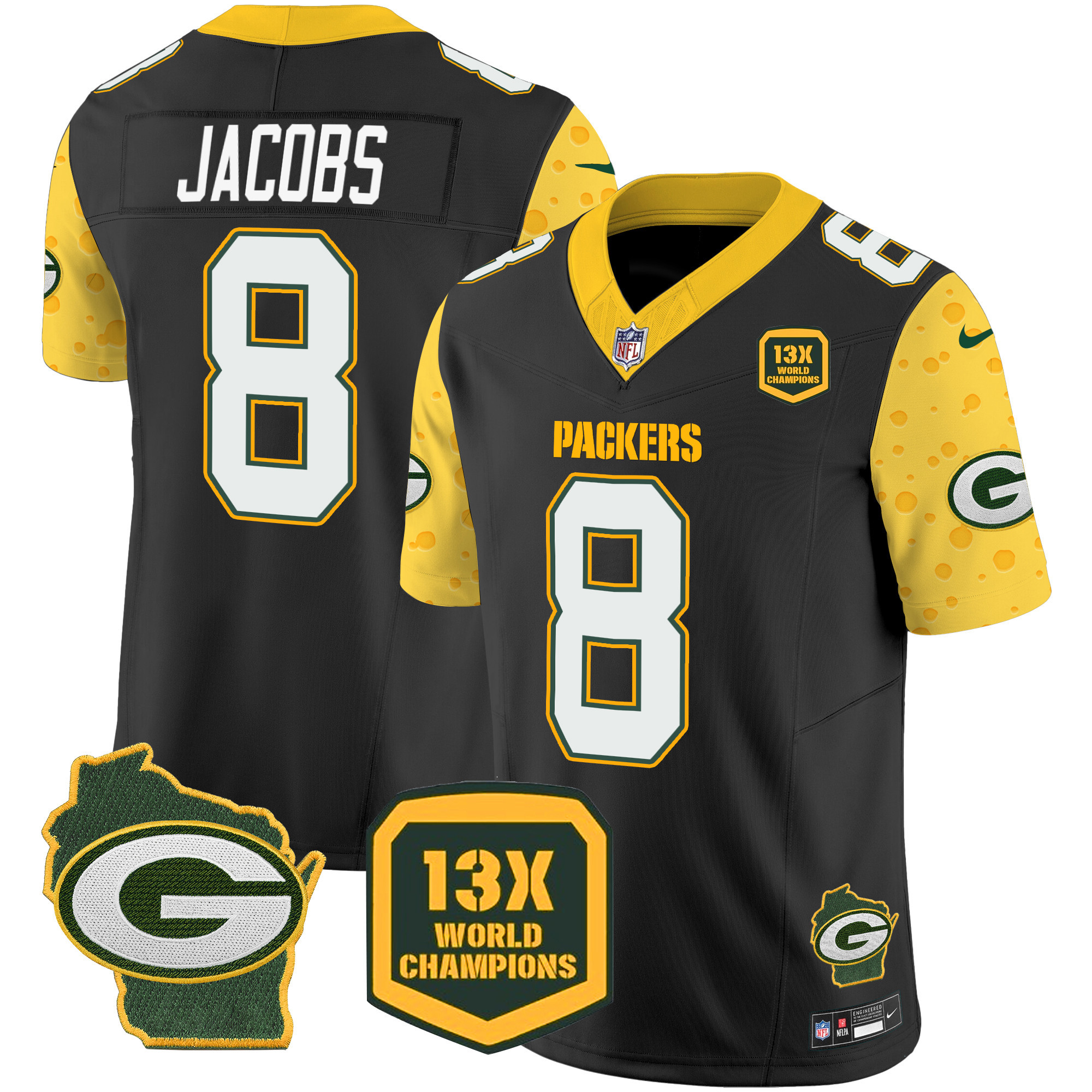 Men's Josh Jacobs Green Bay Packers Cheese Vapor Limited Black Jersey â€“ All Stitched
