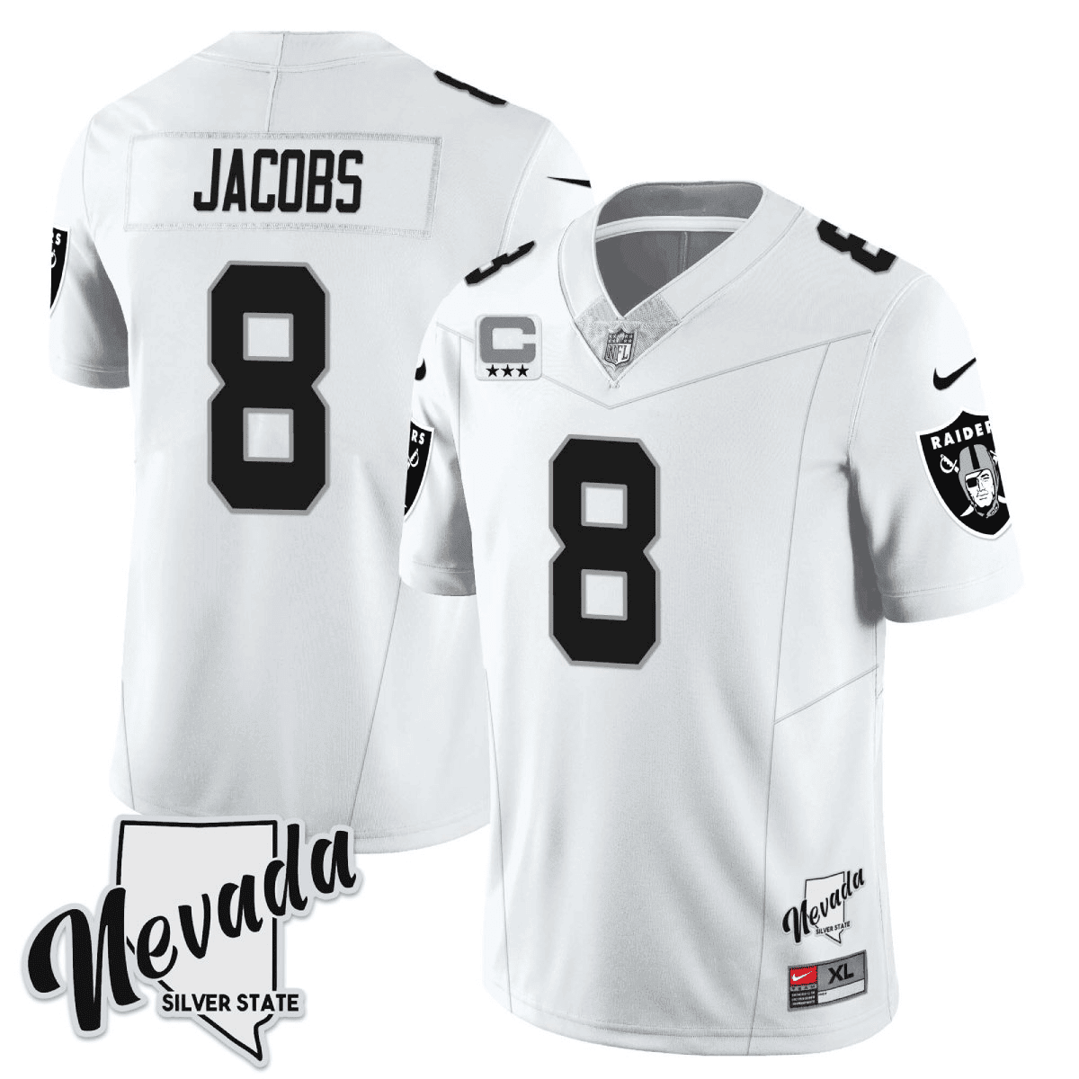 Men's Josh Jacobs Las Vegas Raiders 2023 Nevada Silver State Patch Vapor White Jersey â€“ All Stitched