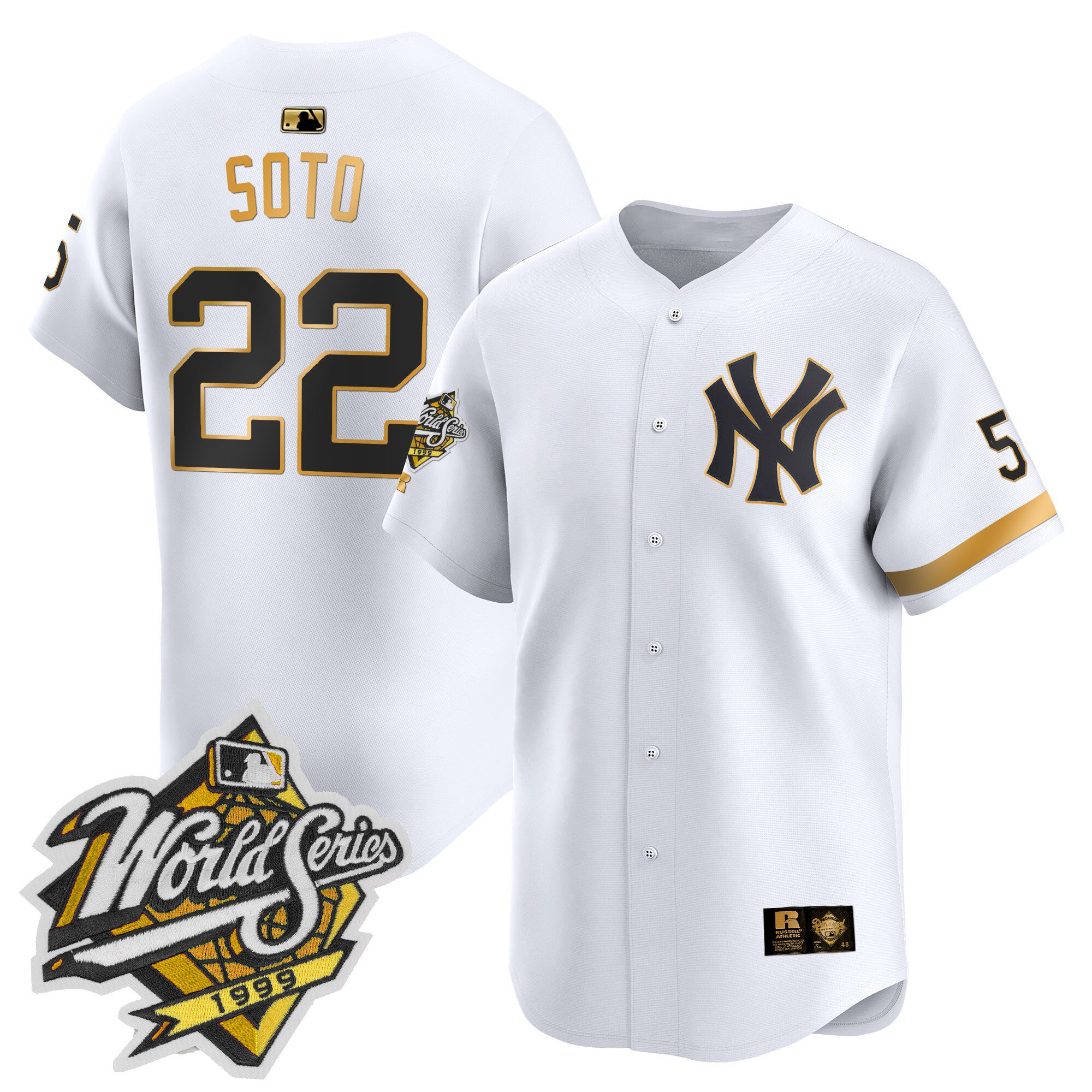 Men's Juan Soto New York Yankees 1999 Throwback Joe DiMaggio Patch Vapor Premier Limited White Gold Jersey - All Stitched