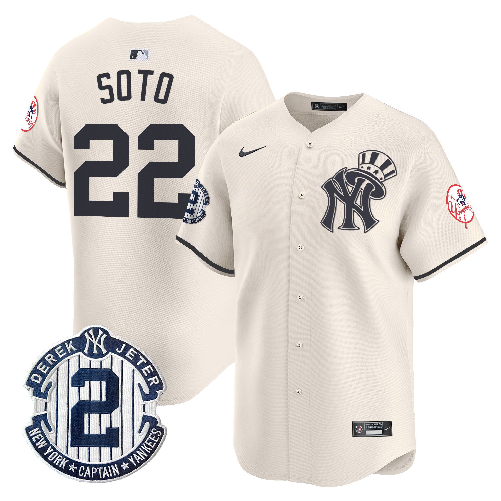 Men's Juan Soto New York Yankees Derek Jeter Patch Vapor Premier Limited Cream Jersey V2 - All Stitched