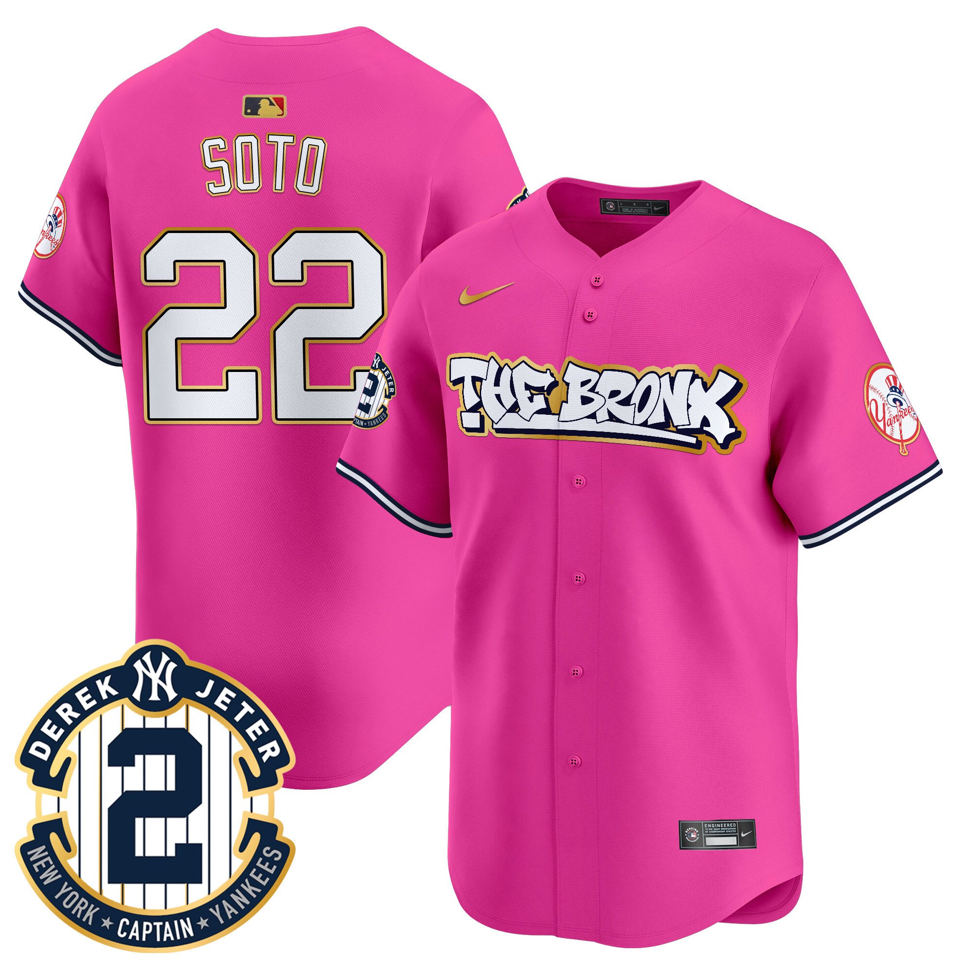 Men's Juan Soto New York Yankees The Bronx Graffiti Gold Trim Vapor Premier Limited Pink Jersey - All Stitched