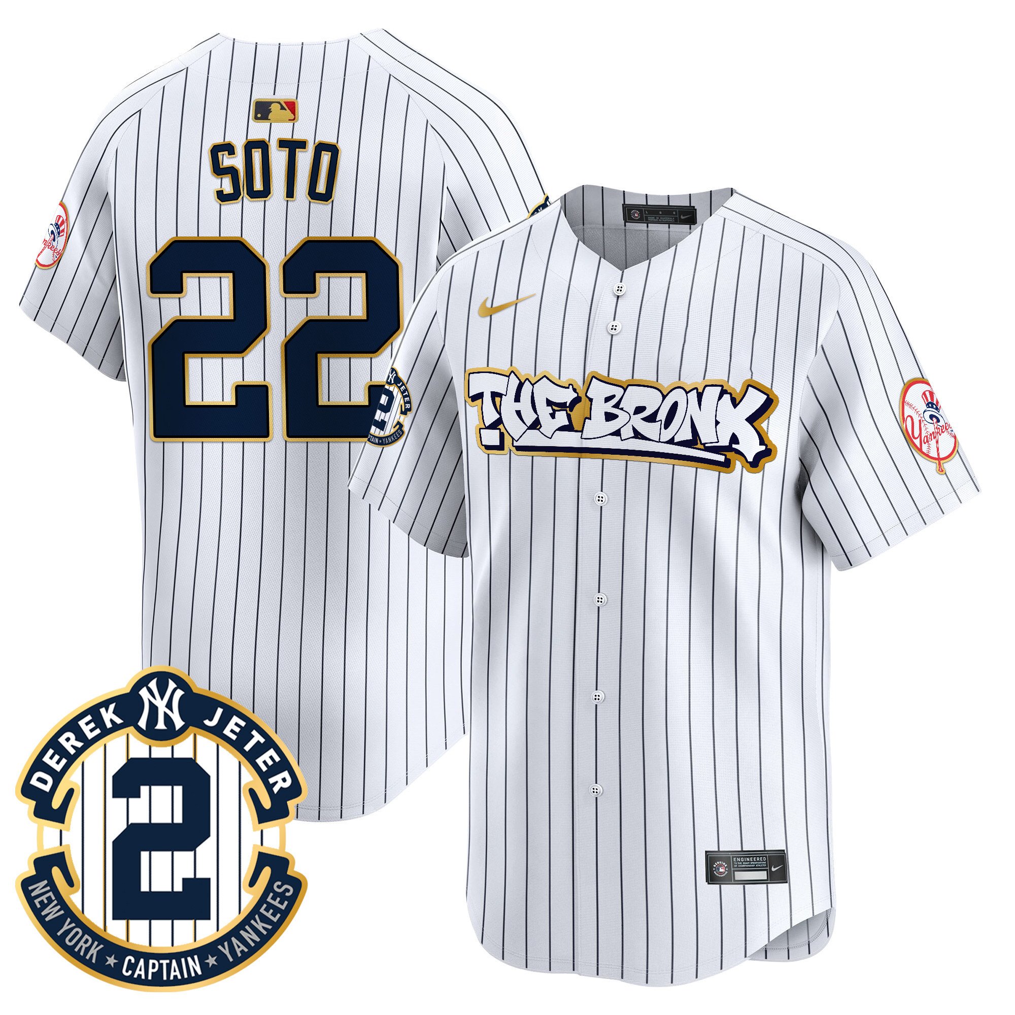 Men's Juan Soto New York Yankees The Bronx Graffiti Gold Trim Vapor Premier Limited Pinstripe Jersey - All Stitched