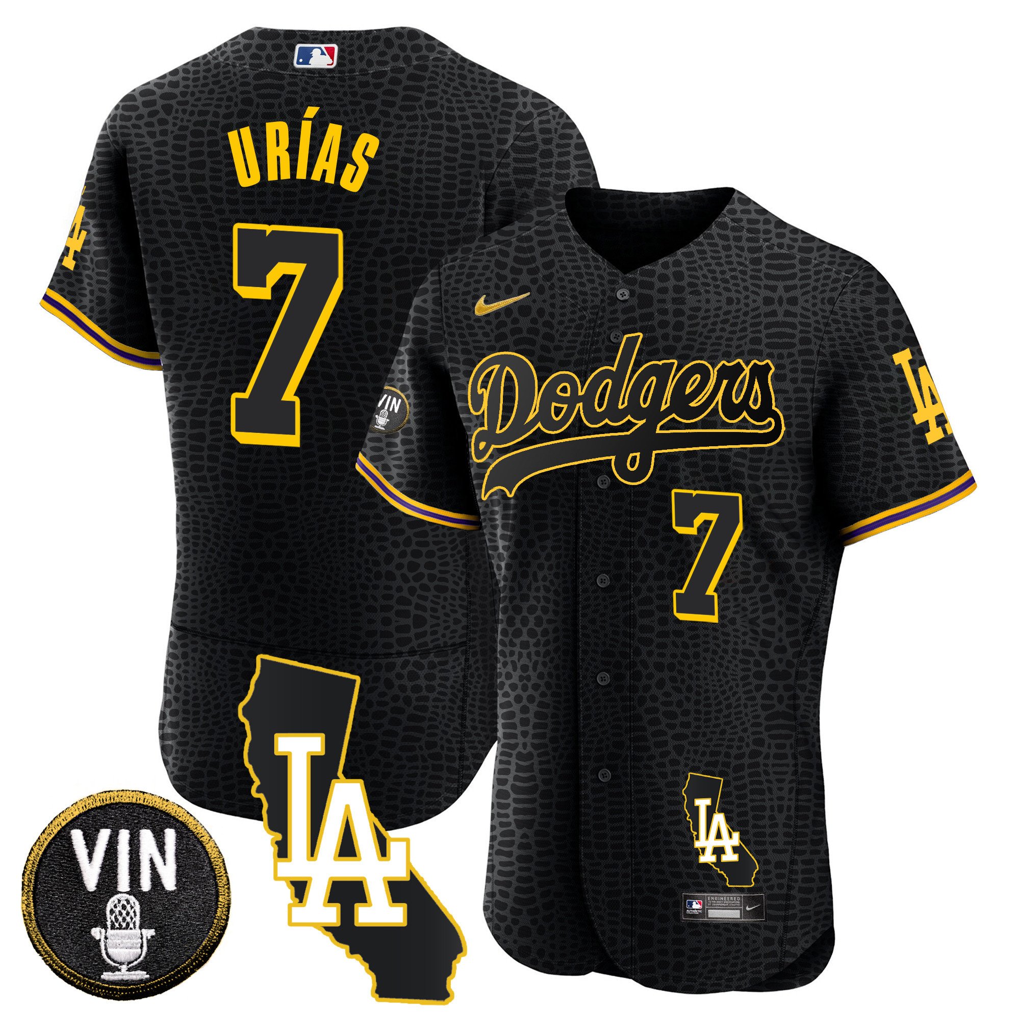 Men's Julio UrÃŒas Los Angeles Dodgers California Patch Gold Trim Flex Base Black Mamba Jersey - All Stitched