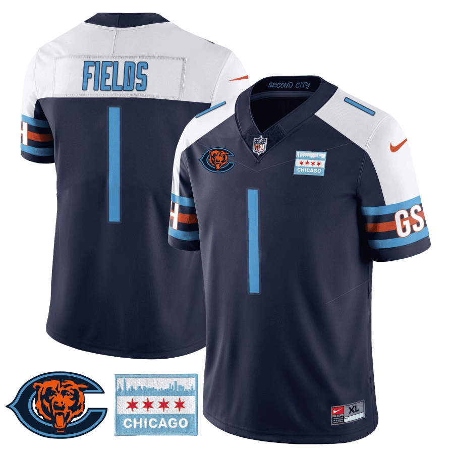 Men's Justin Fields Chicago Bears City Edition GSH Navy Alternate Jersey - Chicago Flag - All Stitched