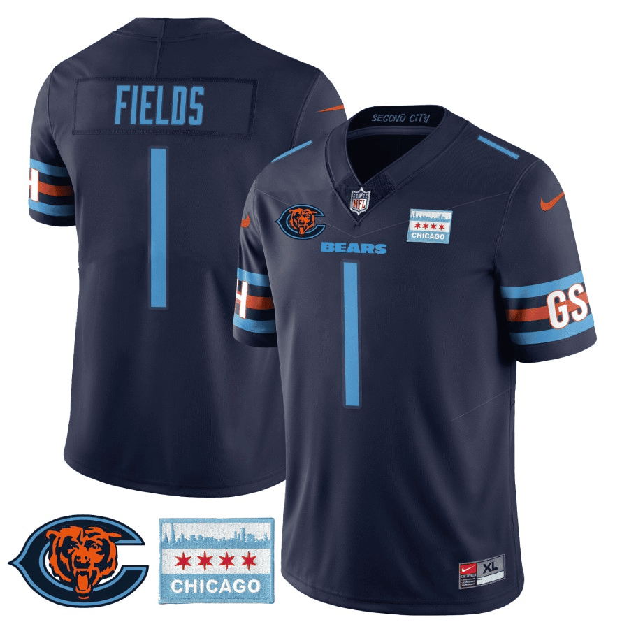 Men's Justin Fields Chicago Bears City Edition GSH Navy Jersey - Chicago Flag - All Stitched