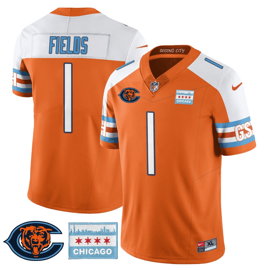 Men's Justin Fields Chicago Bears City Edition GSH Orange Alternate Jersey - Chicago Flag - All Stitched