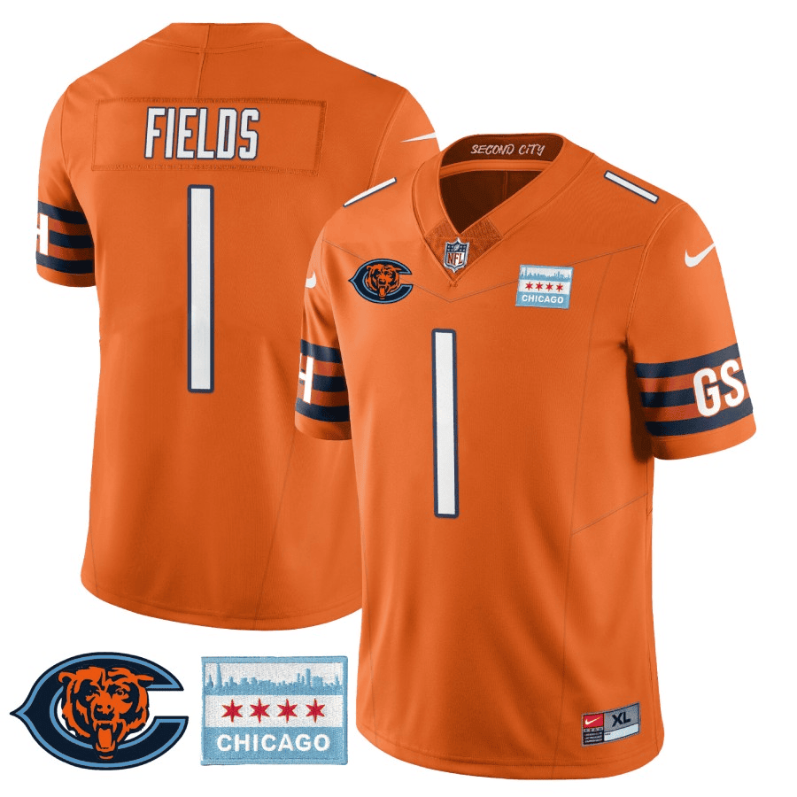 Men's Justin Fields Chicago Bears City Edition GSH Orange Jersey - Chicago Flag - All Stitched