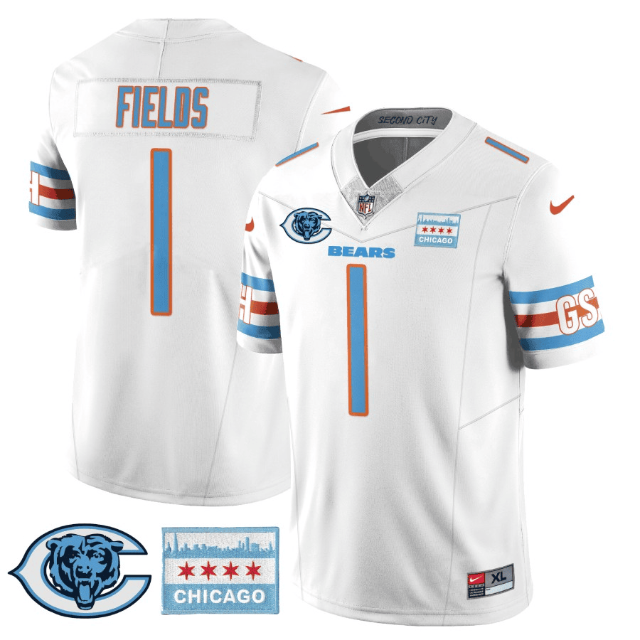 Men's Justin Fields Chicago Bears City Edition GSH White Jersey - Chicago Flag - All Stitched
