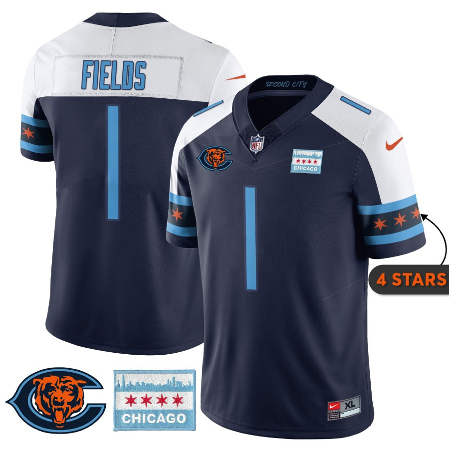 Men's Justin Fields Chicago Bears City Edition Navy Alternate Jersey - Chicago Flag - All Stitched