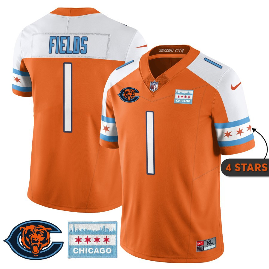 Men's Justin Fields Chicago Bears City Edition Orange Alternate Jersey - Chicago Flag - All Stitched