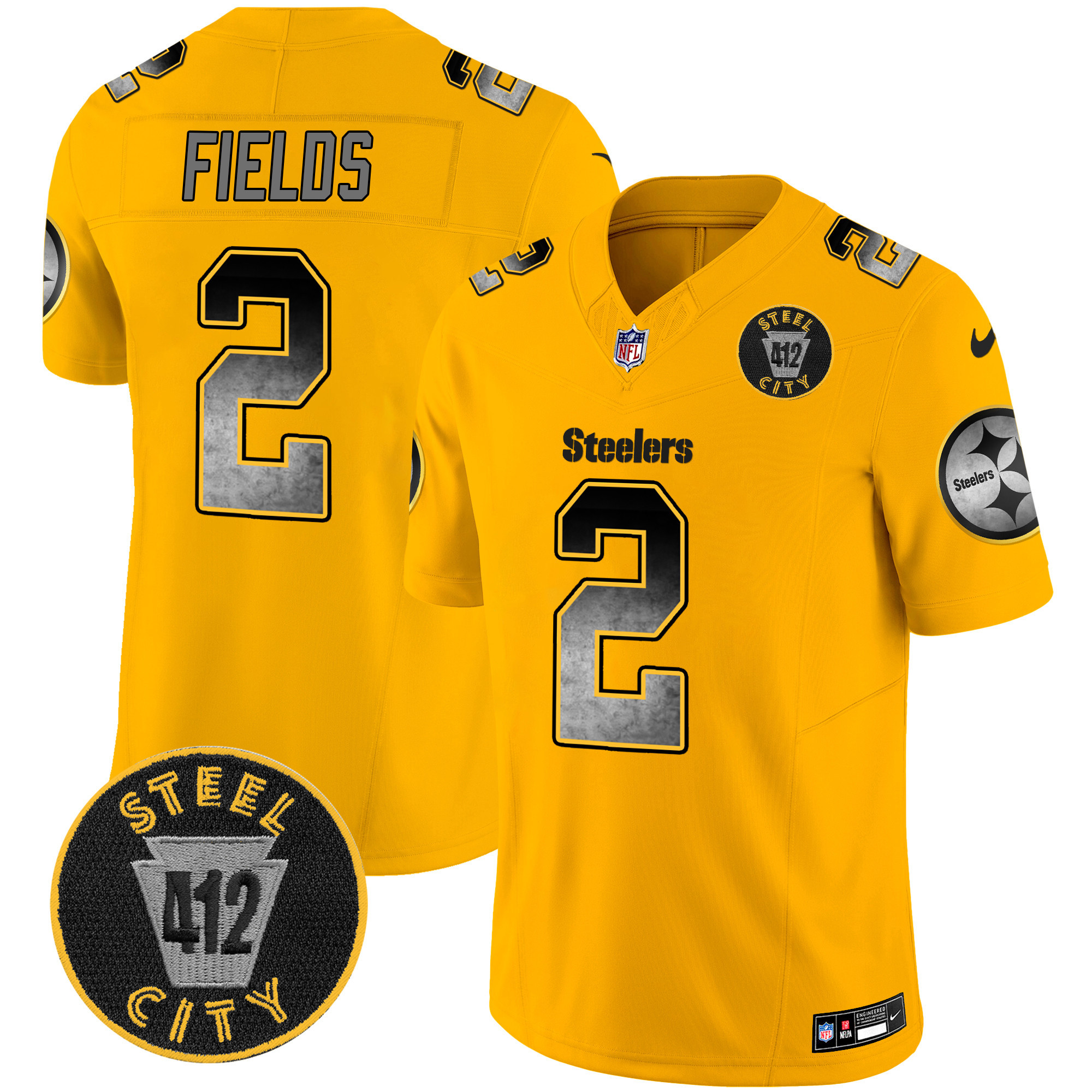 Men's Justin Fields Pittsburgh Steelers Arch Smoke 412 Patch Vapor Limited Gold Jersey - All Stitched