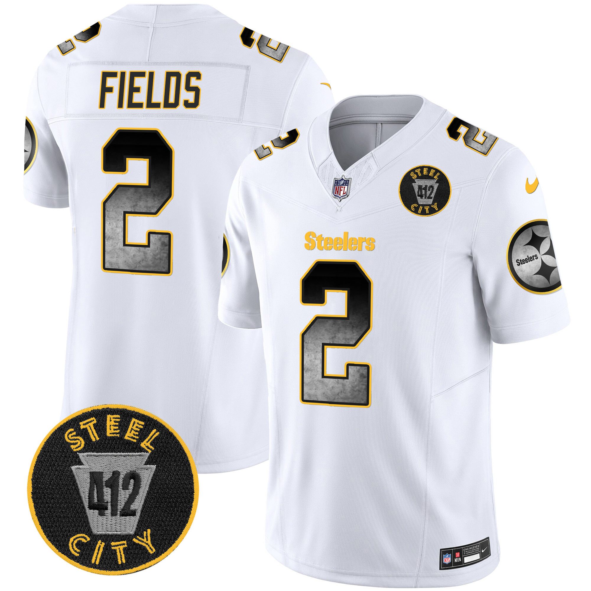 Men's Justin Fields Pittsburgh Steelers Arch Smoke 412 Patch Vapor Limited White Jersey - All Stitched