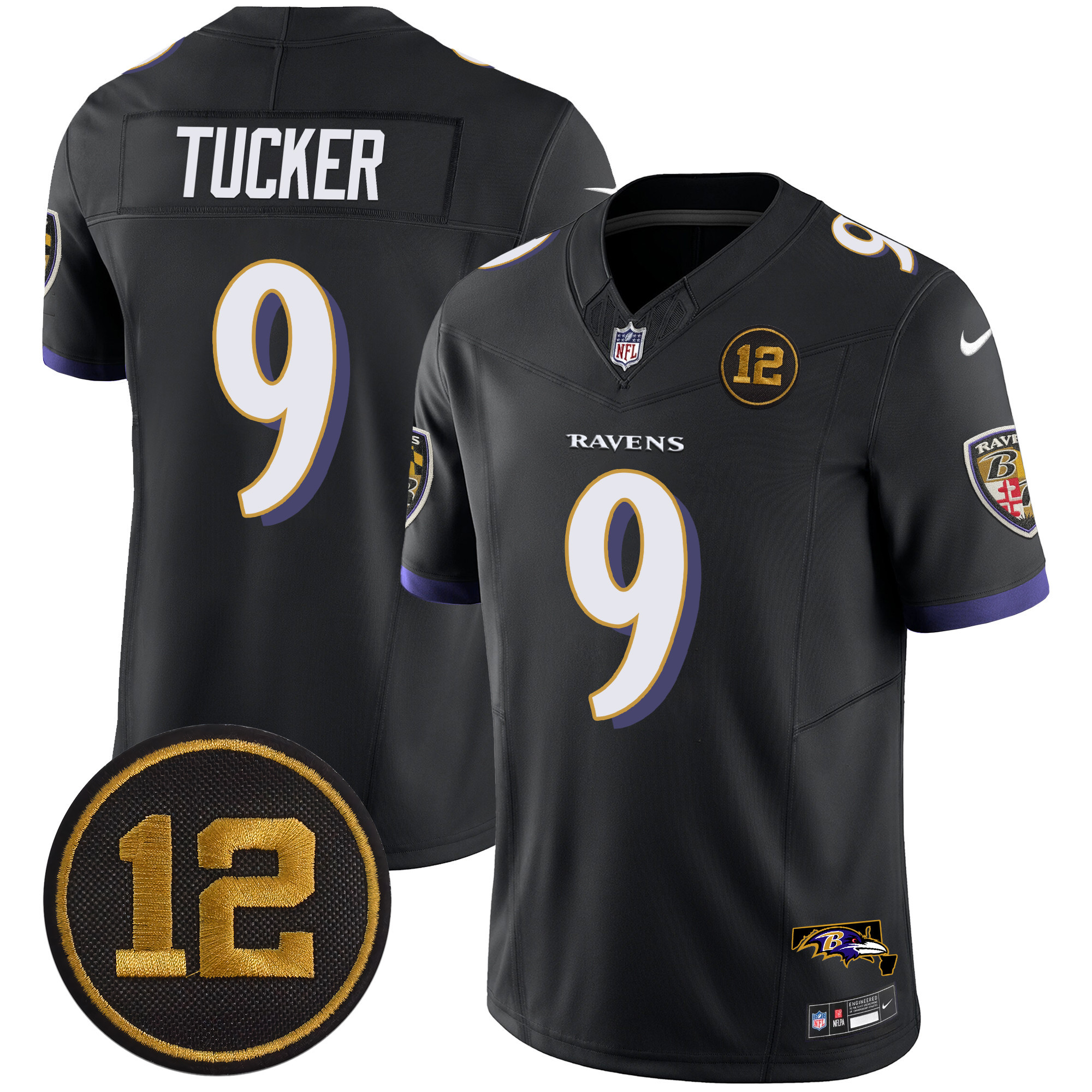 Men's Justin Tucker Baltimore Ravens Jacoby Jones Patch Vapor Limited Black Jersey - All Stitched