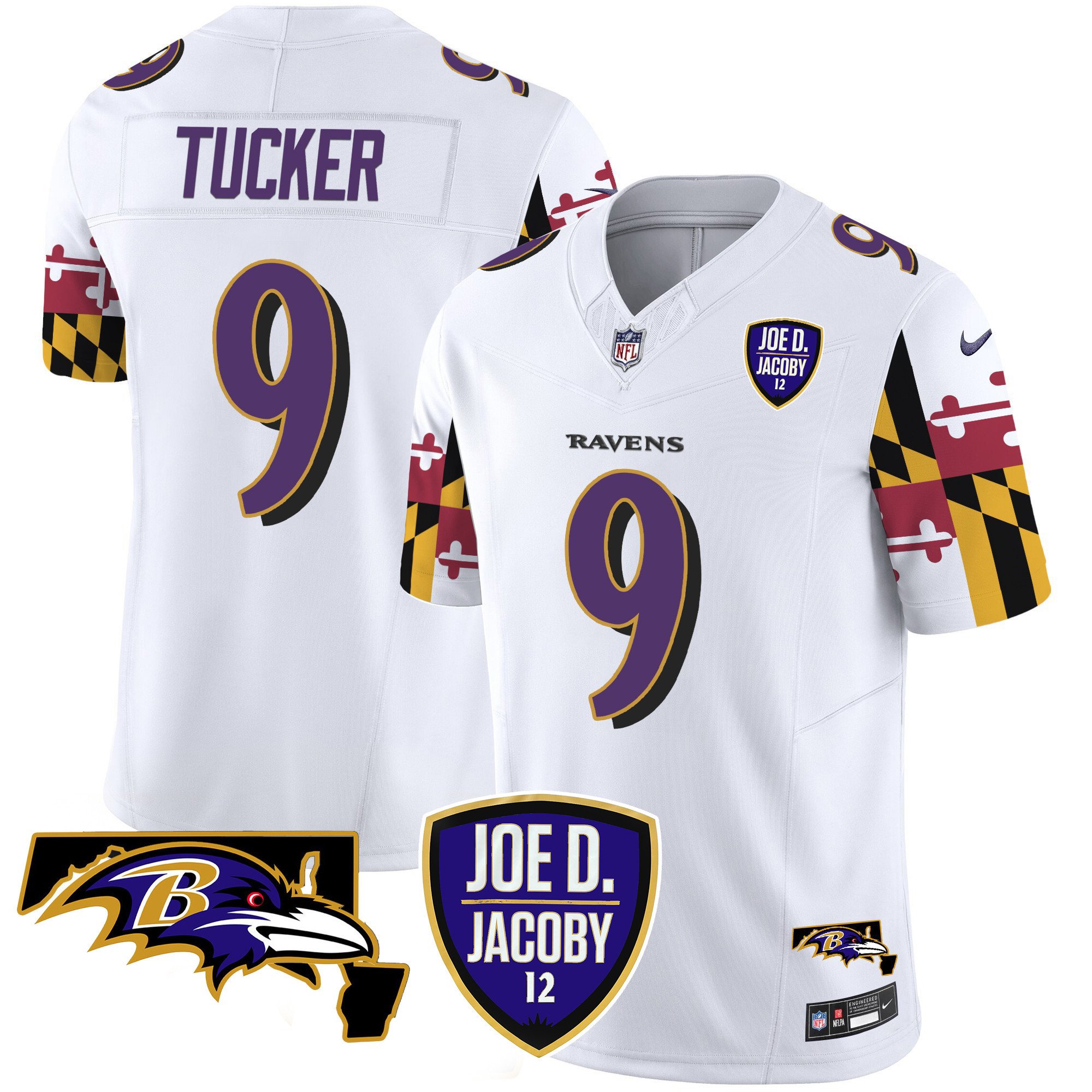 Men's Justin Tucker Baltimore Ravens Joe D & Jacoby Patch Vapor Limited White Jersey V2 - All Stitched
