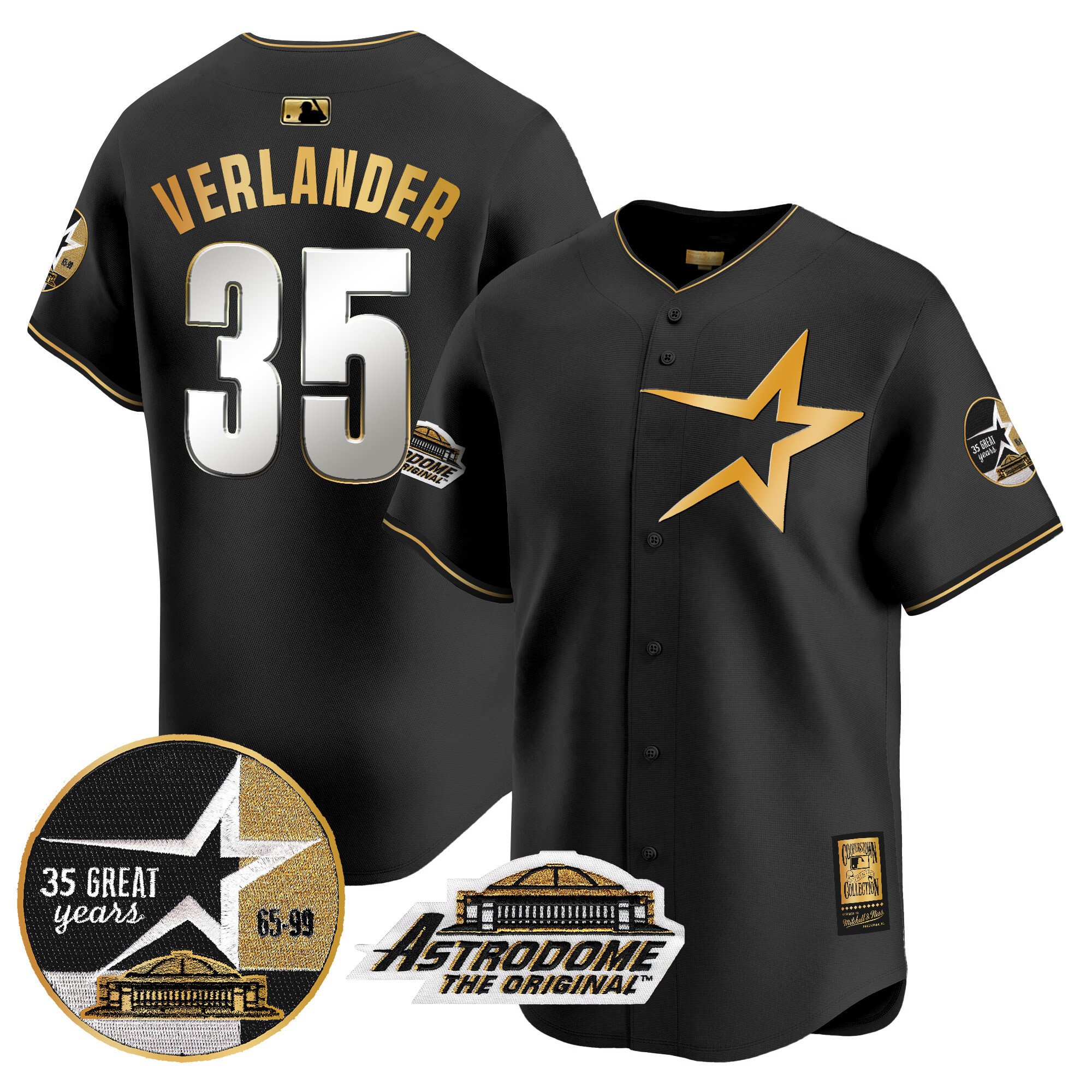 Men's Justin Verlander Houston Astros 1999 Throwback 35th & Astrodome Patch Vapor Premier Limited Black Gold Jersey - All Stitched