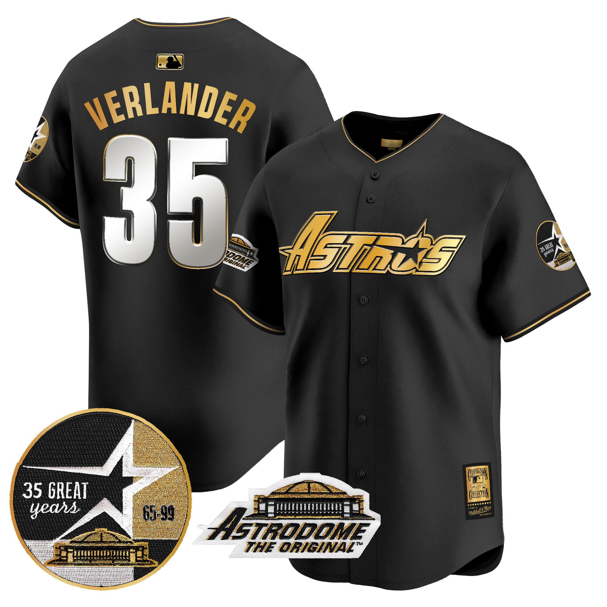 Men's Justin Verlander Houston Astros 1999 Throwback 35th & Astrodome Patch Vapor Premier Limited Black Gold Jersey V3 - All Stitched