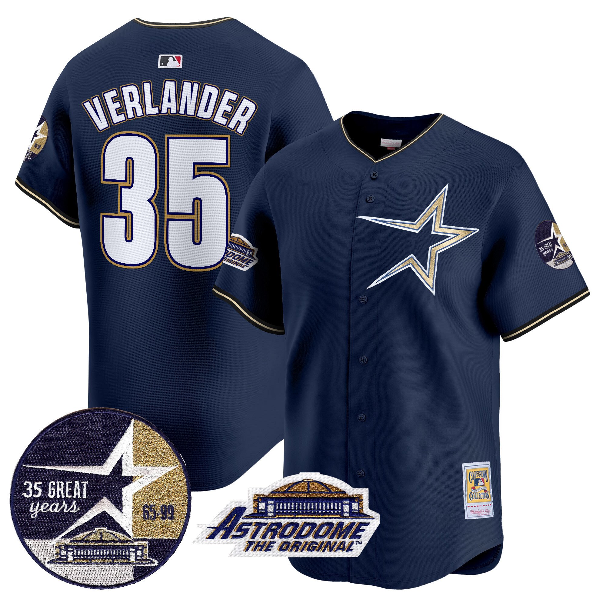 Men's Justin Verlander Houston Astros 1999 Throwback 35th & Astrodome Patch Vapor Premier Limited Navy Jersey - All Stitched