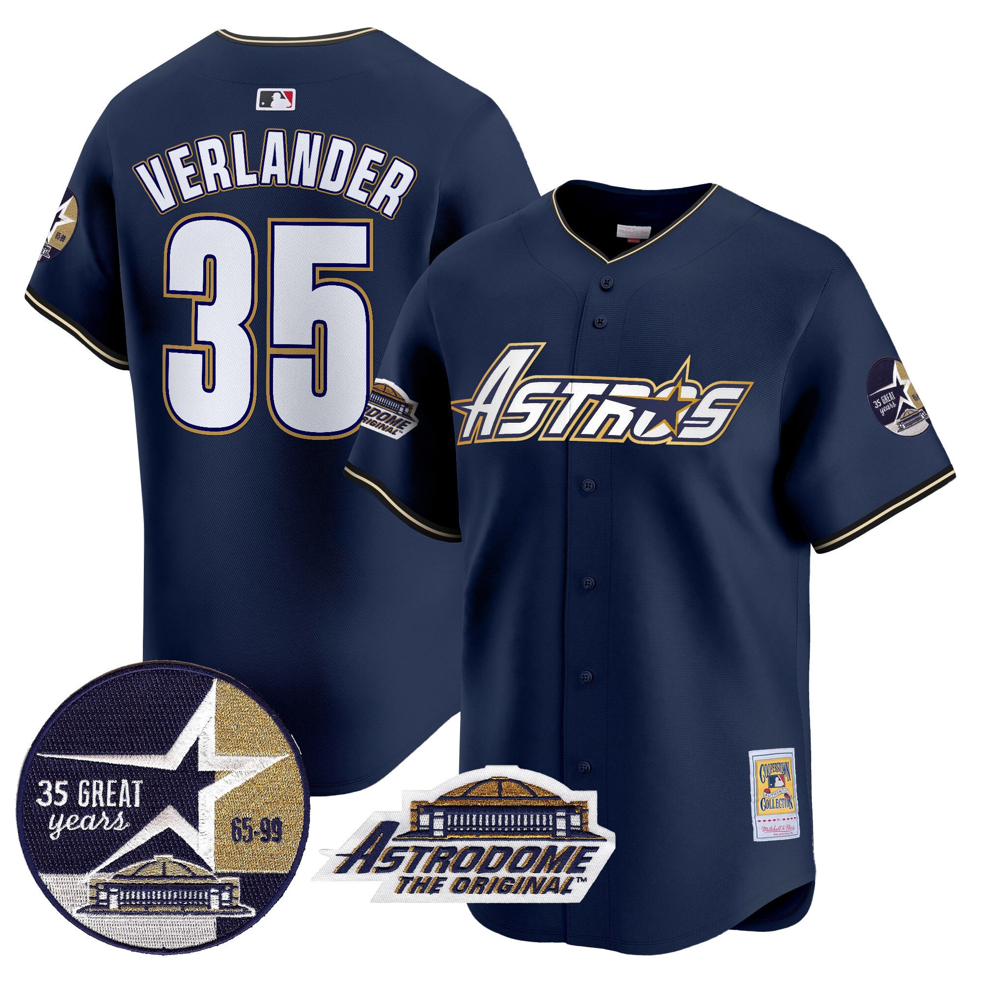 Men's Justin Verlander Houston Astros 1999 Throwback 35th & Astrodome Patch Vapor Premier Limited Navy Jersey V3 - All Stitched