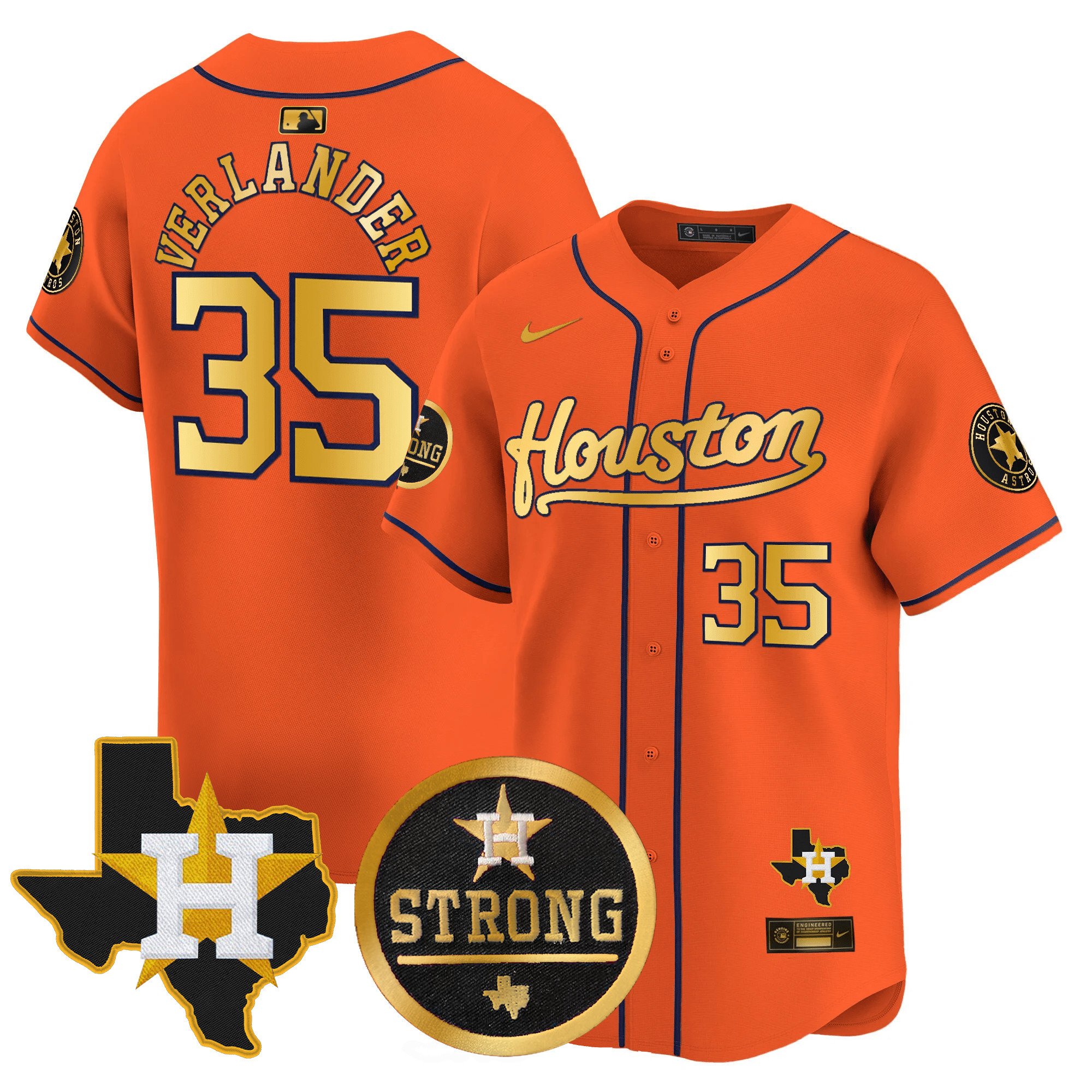 Men's Justin Verlander Houston Astros "Houston Strong" Patch Vapor Premier Limited Orange Gold Jersey - All Stitched