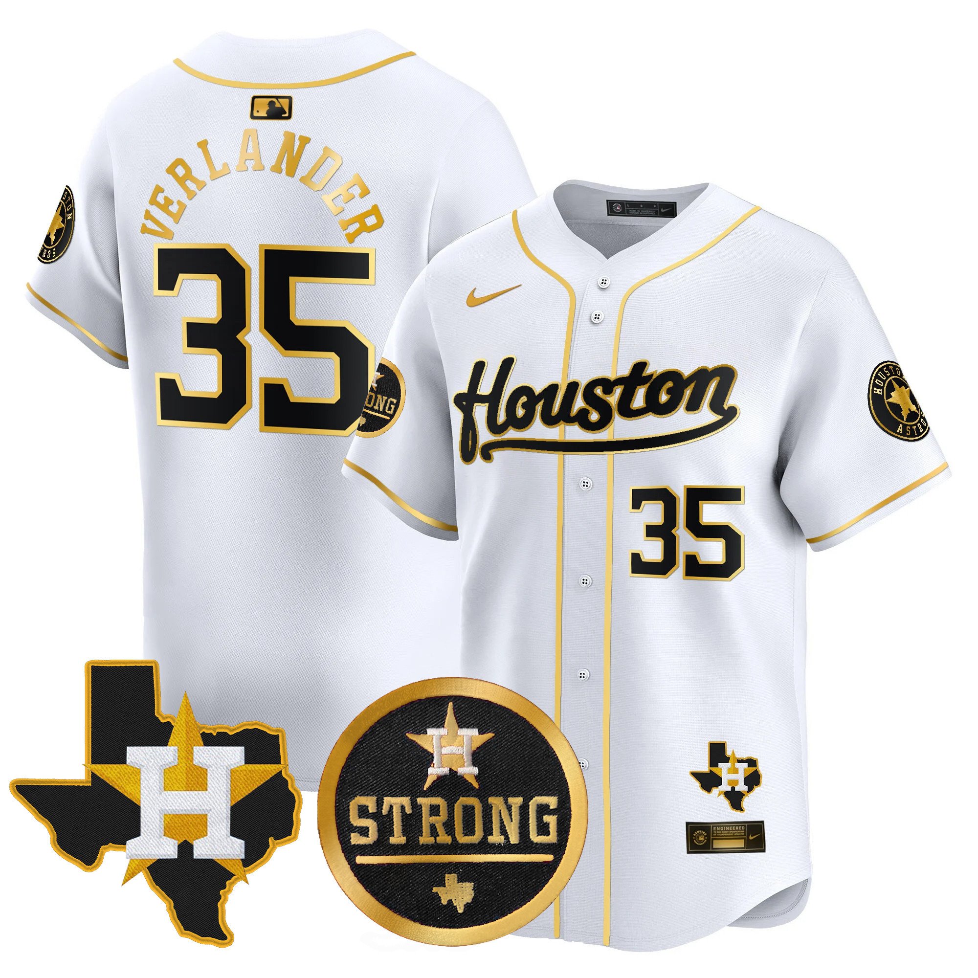 Men's Justin Verlander Houston Astros "Houston Strong" Patch Vapor Premier Limited White Gold Jersey - All Stitched