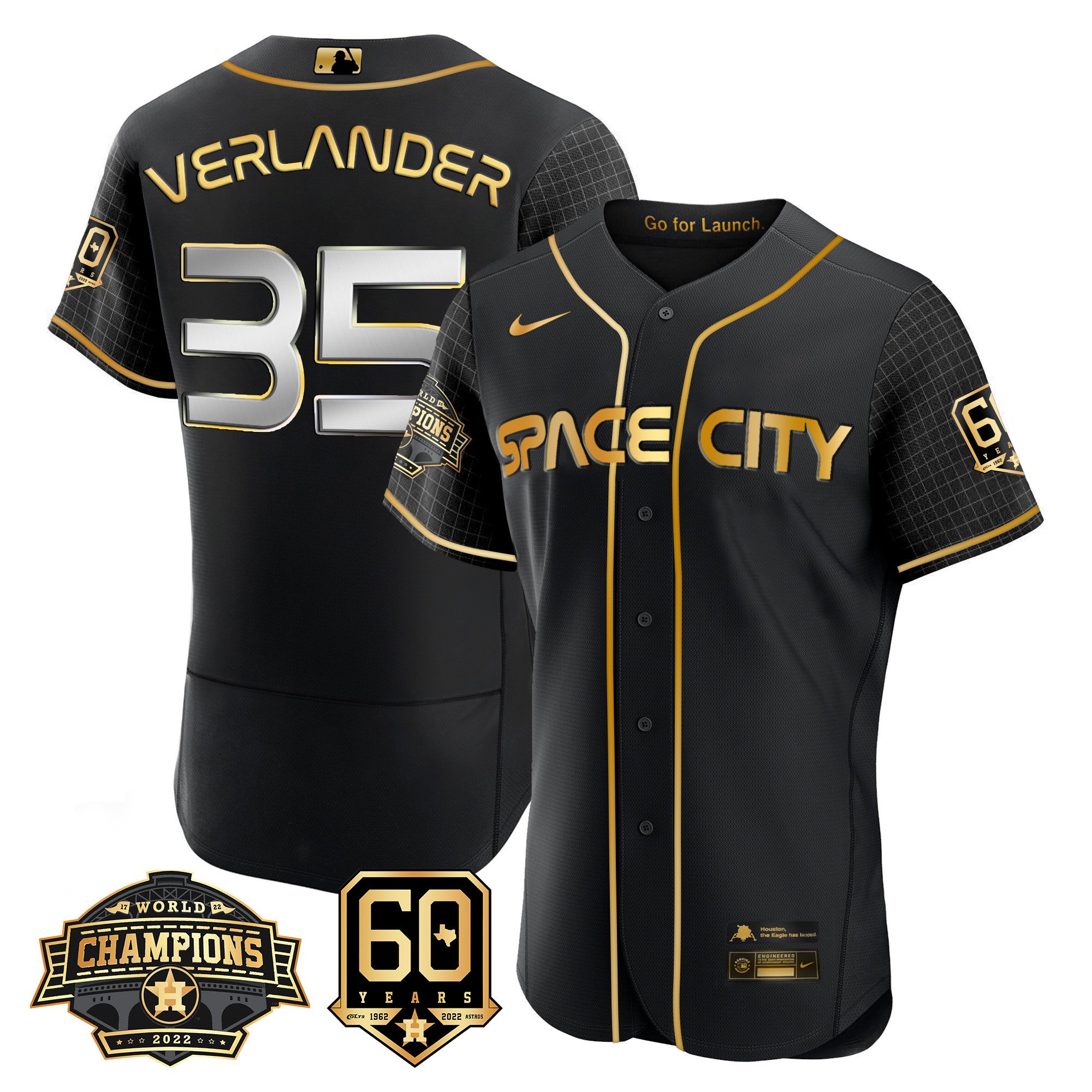 Men's Justin Verlander Houston Astros Space City 2022 Champions & 60th Anniversary Patch Flex Black Jersey Ã± All Stitched