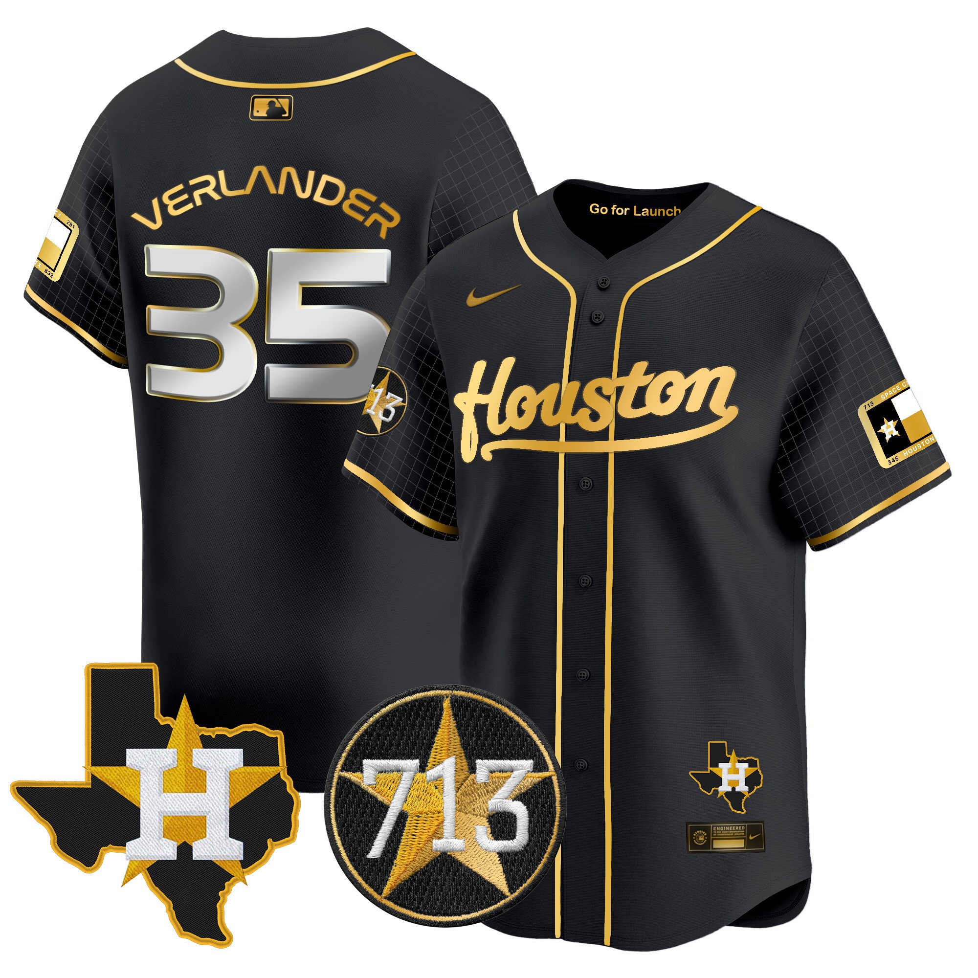 Men's Justin Verlander Houston Astros Space City 713 Patch Vapor Premier Limited Black Gold Jersey - All Stitched