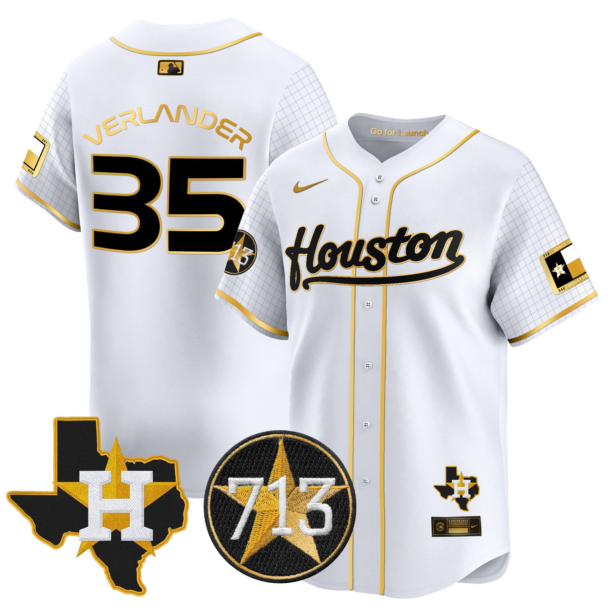 Men's Justin Verlander Houston Astros Space City 713 Patch Vapor Premier Limited White Gold Jersey - All Stitched