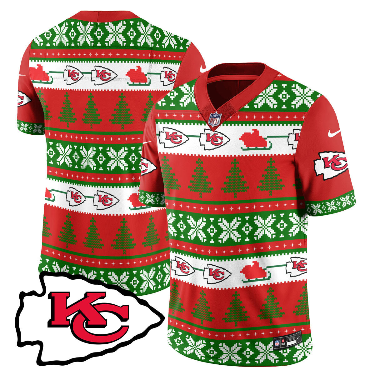 Men's Kansas City Chiefs 2024 Christmas Vapor Limited  Red Green Jersey - Printed