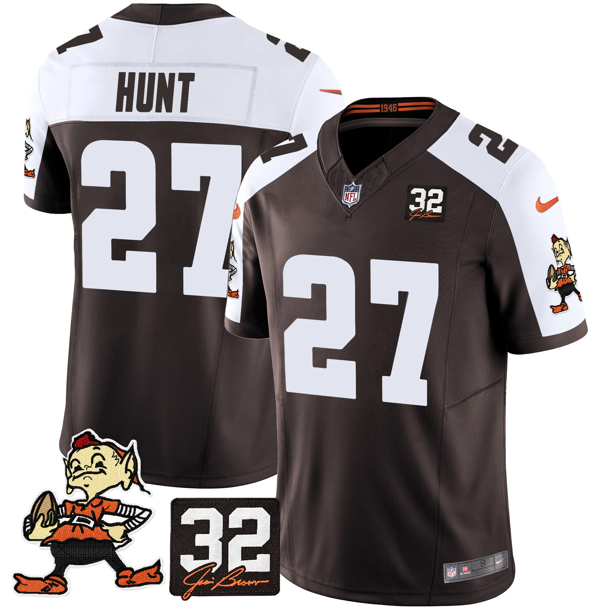 Men's Kareem Hunt Cleveland Browns #32 Jim Brown Memorial Patch Vapor Limited Alternate Jersey V2 - All Stitched